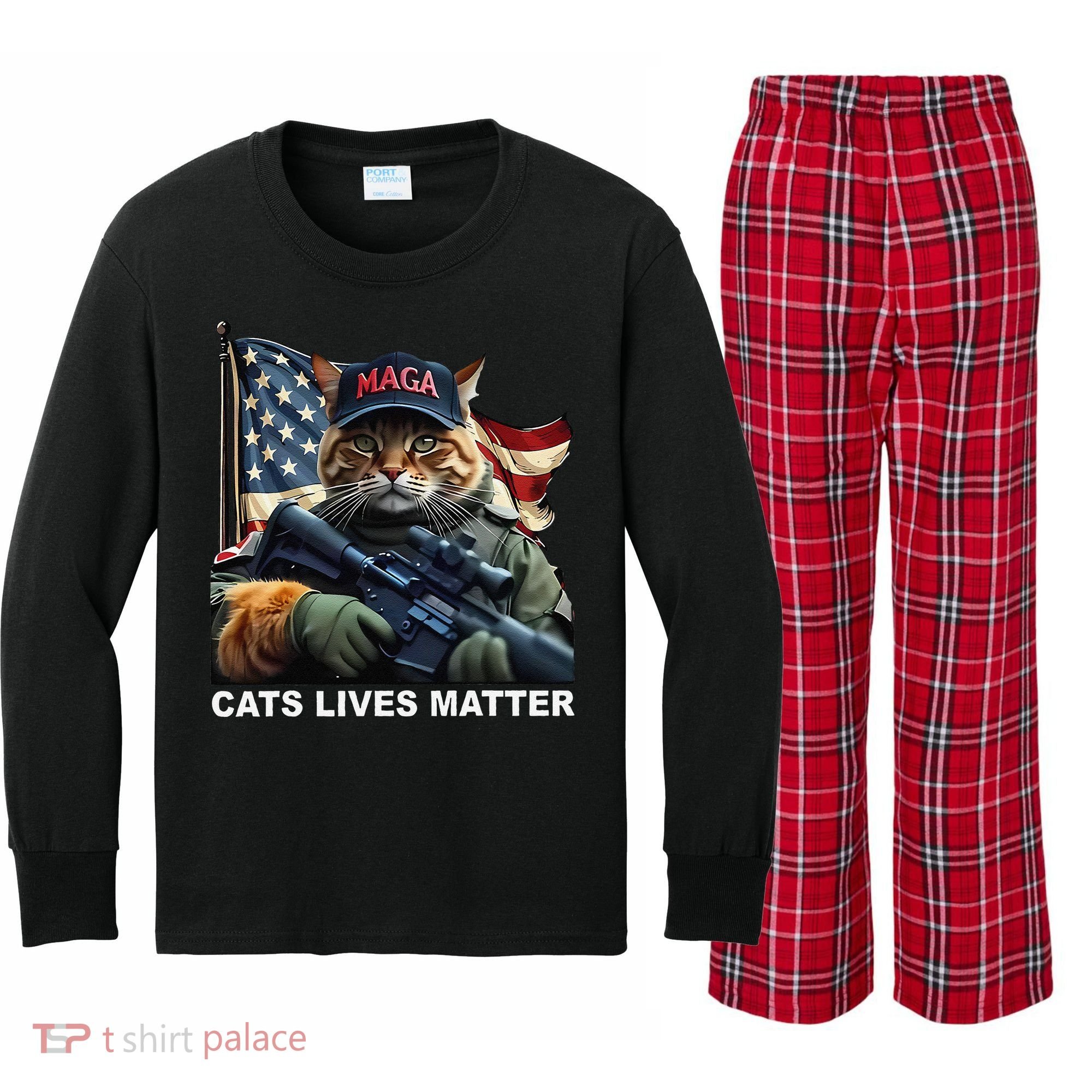 Cats Lives Matter Funny Trump 2024 Cat Maga Gift Kids Long Sleeve Plaid Pajama Set