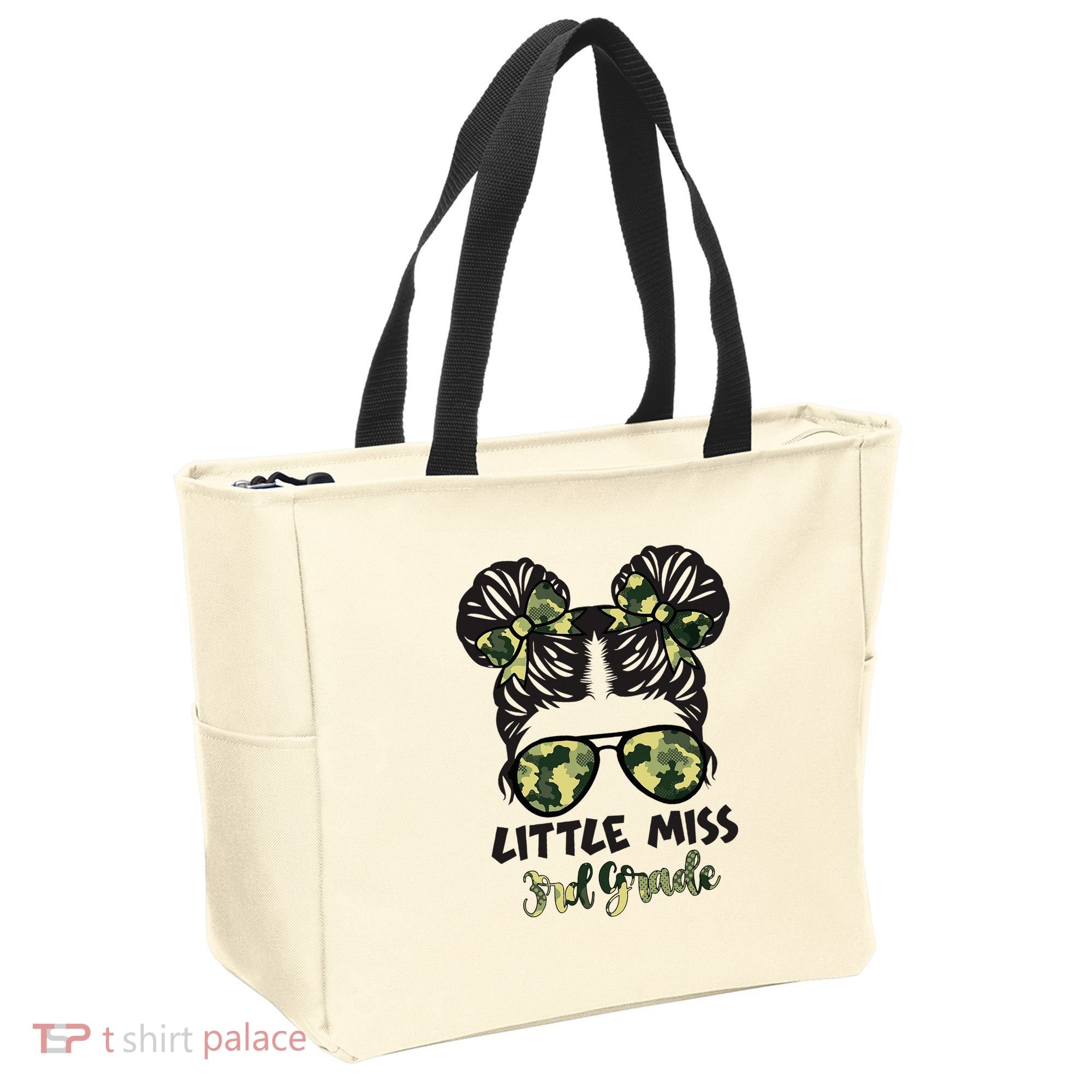 Camo Little Miss 3rd Third Grade Messy Bun Hair Tie Bow Tote Bag