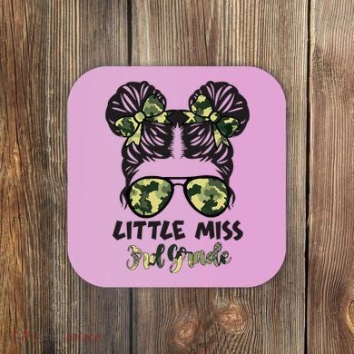 Camo Little Miss 3rd Third Grade Messy Bun Hair Tie Bow Coaster