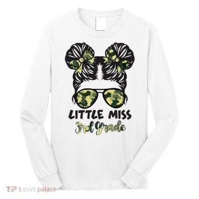 Camo Little Miss 3rd Third Grade Messy Bun Hair Tie Bow Long Sleeve Shirt