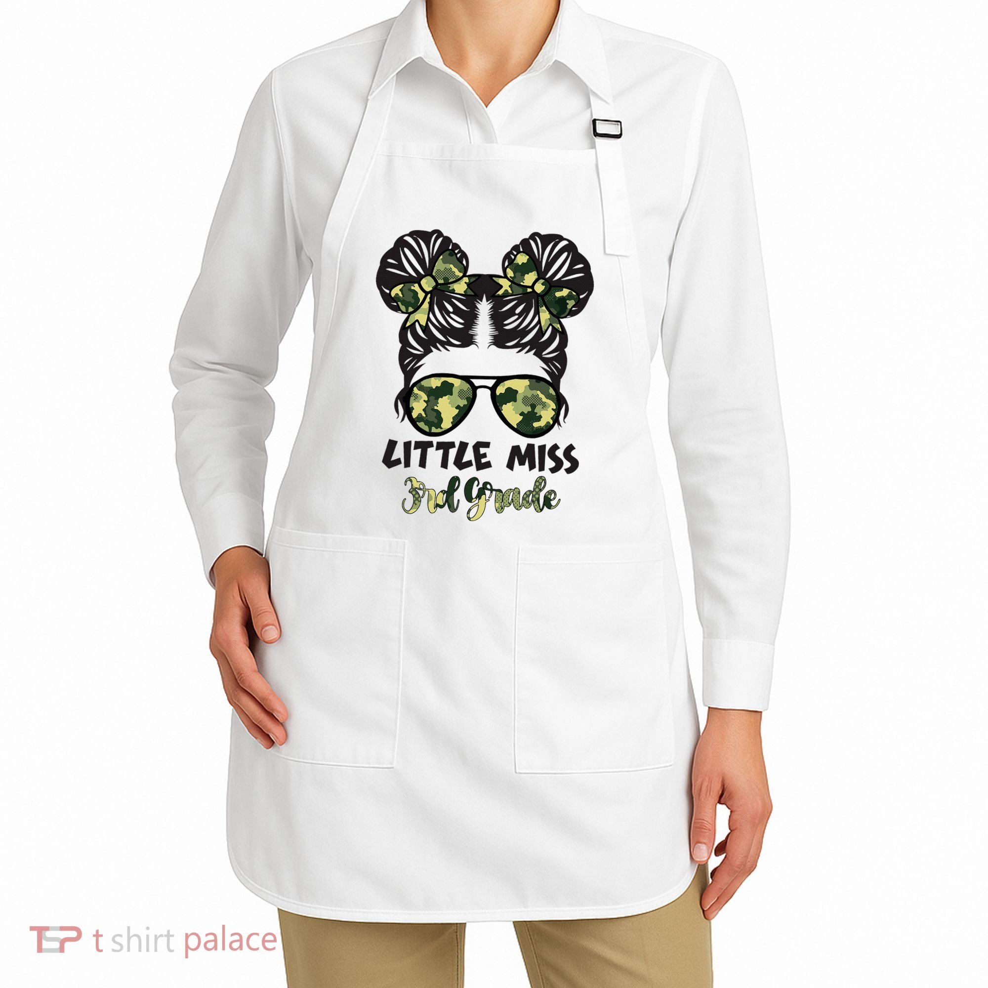 Camo Little Miss 3rd Third Grade Messy Bun Hair Tie Bow Apron