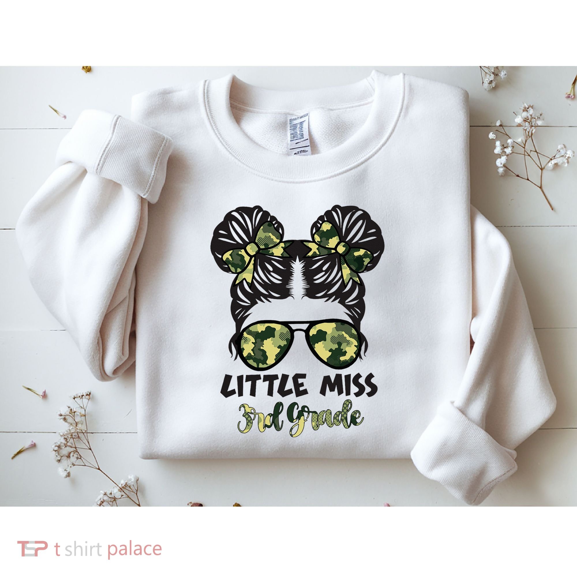 Camo Little Miss 3rd Third Grade Messy Bun Hair Tie Bow Sweatshirt