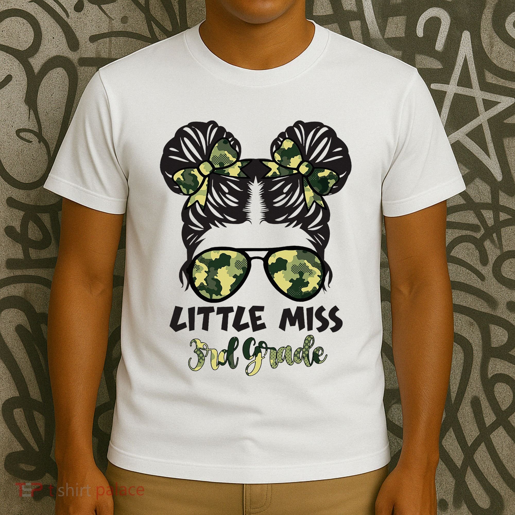 Camo Little Miss 3rd Third Grade Messy Bun Hair Tie Bow T-Shirt