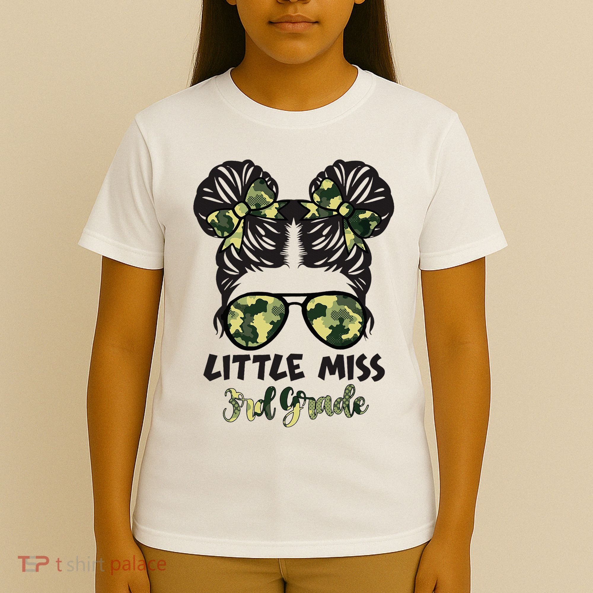 Camo Little Miss 3rd Third Grade Messy Bun Hair Tie Bow T-Shirt