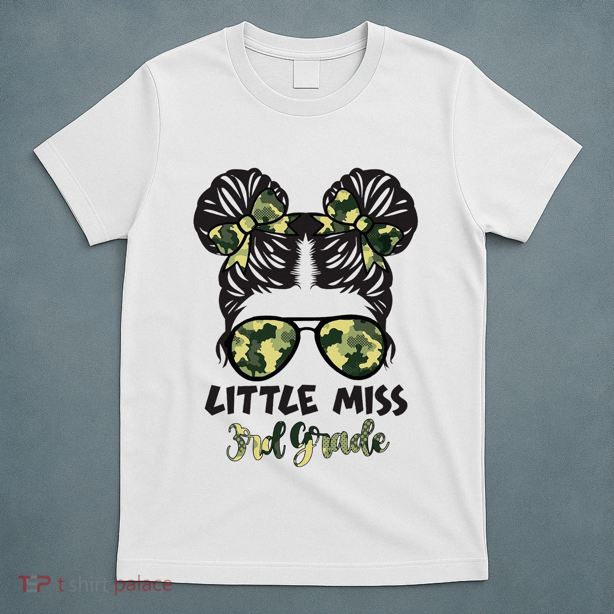 Camo Little Miss 3rd Third Grade Messy Bun Hair Tie Bow T-Shirt