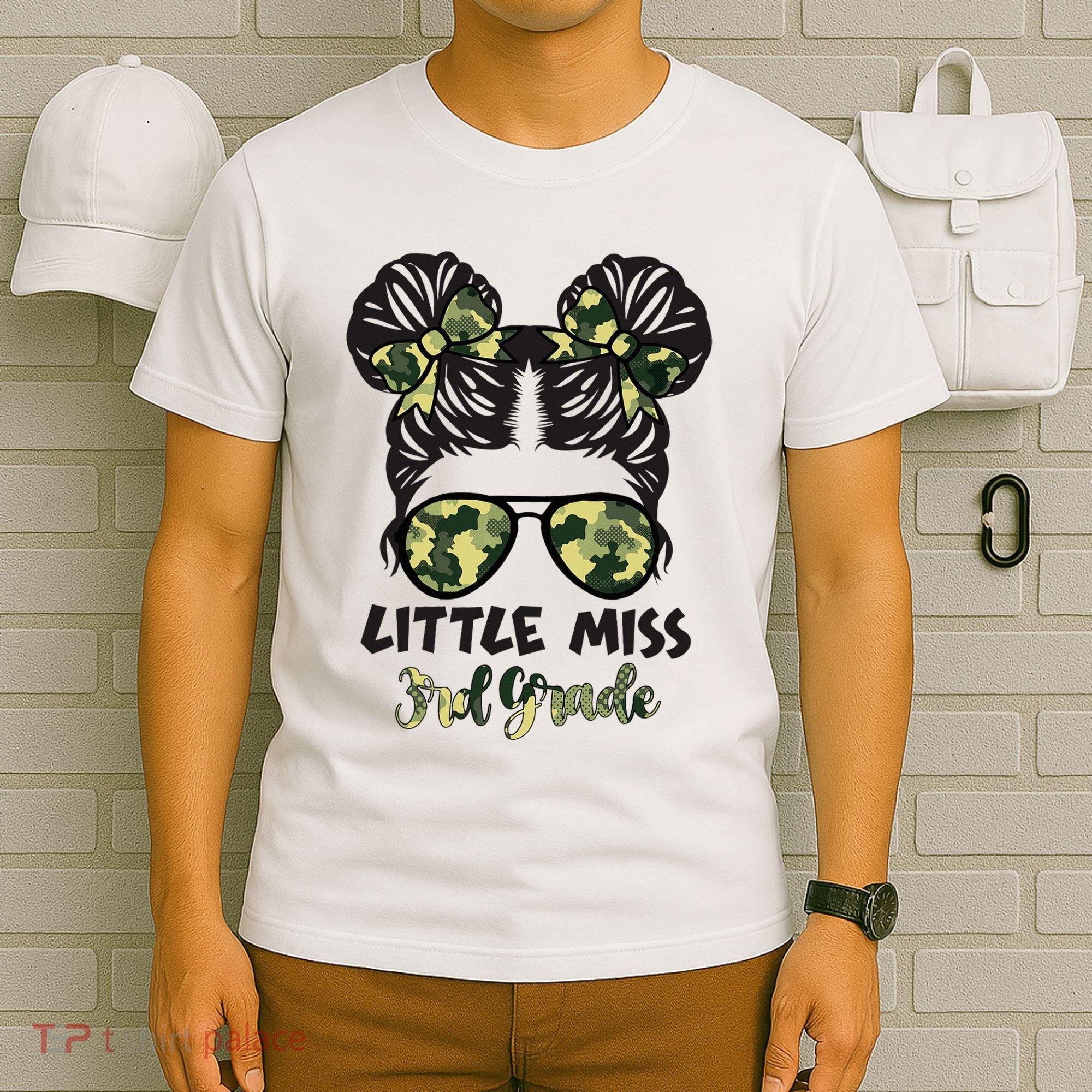 Camo Little Miss 3rd Third Grade Messy Bun Hair Tie Bow T-Shirt