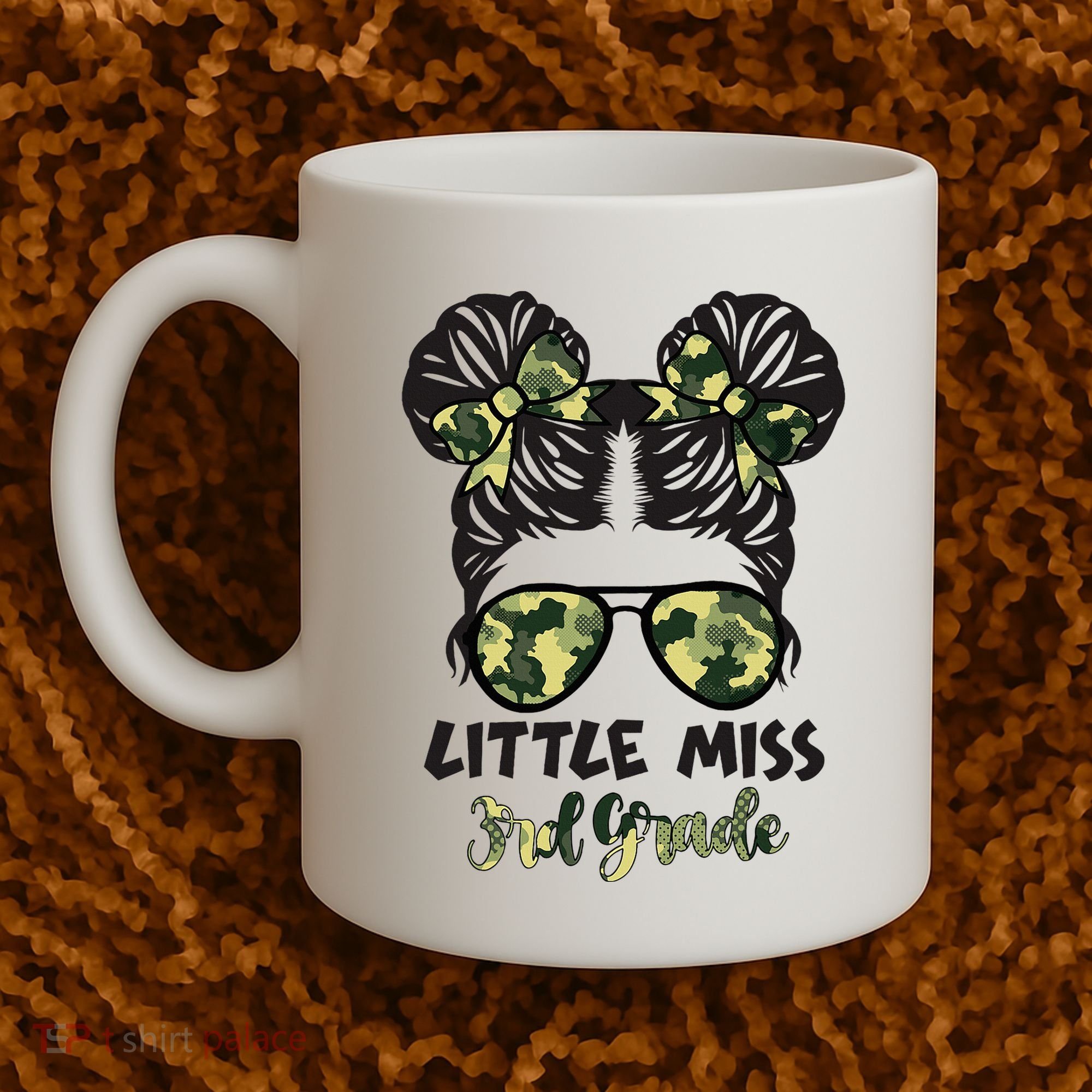 Camo Little Miss 3rd Third Grade Messy Bun Hair Tie Bow Coffee Mug