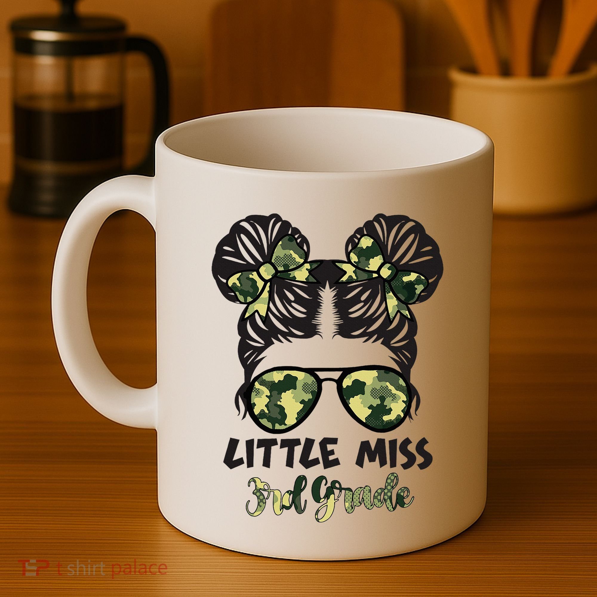Camo Little Miss 3rd Third Grade Messy Bun Hair Tie Bow Coffee Mug