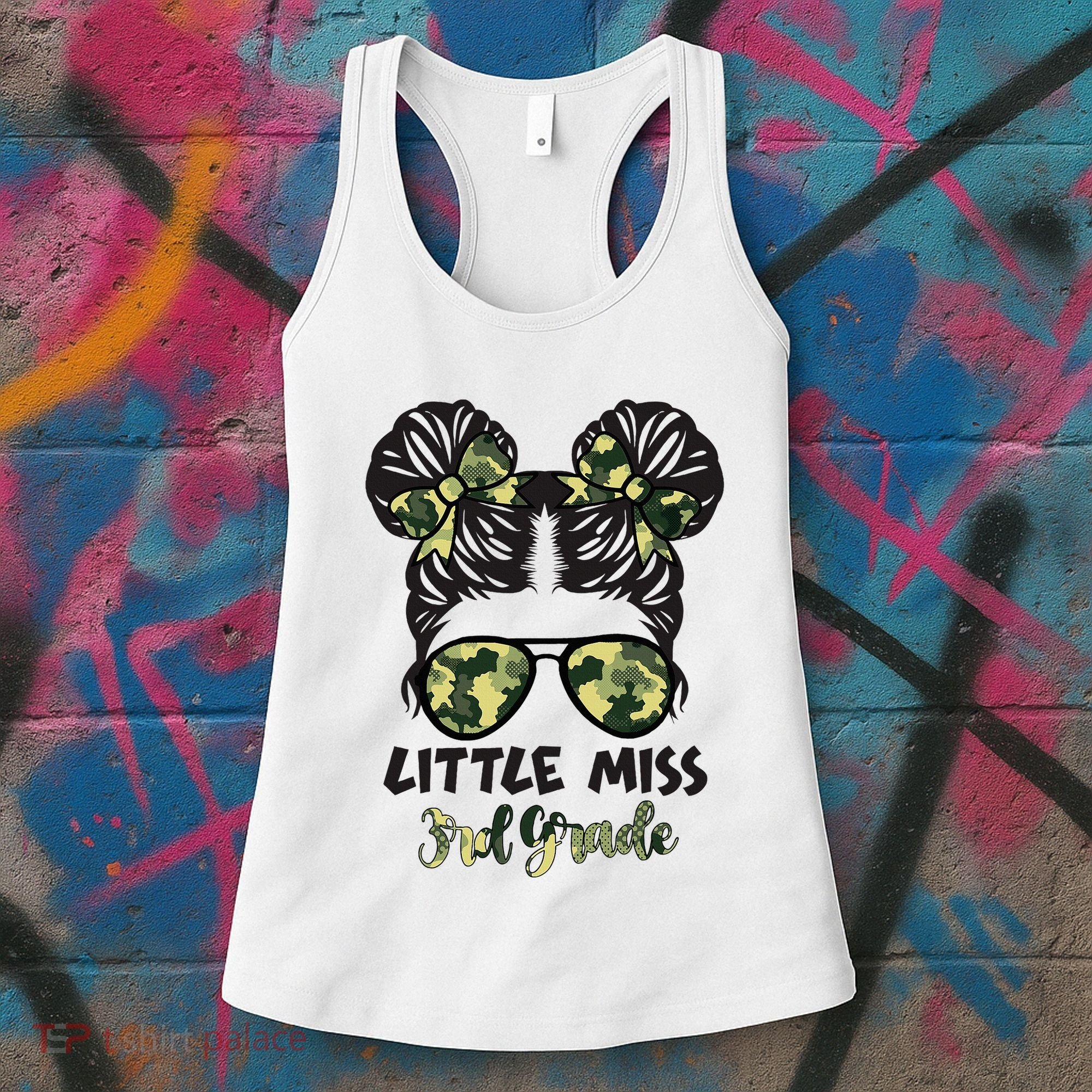 Camo Little Miss 3rd Third Grade Messy Bun Hair Tie Bow Women's Tank Top