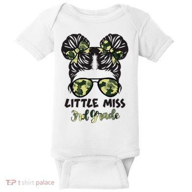 Camo Little Miss 3rd Third Grade Messy Bun Hair Tie Bow Baby Bodysuit