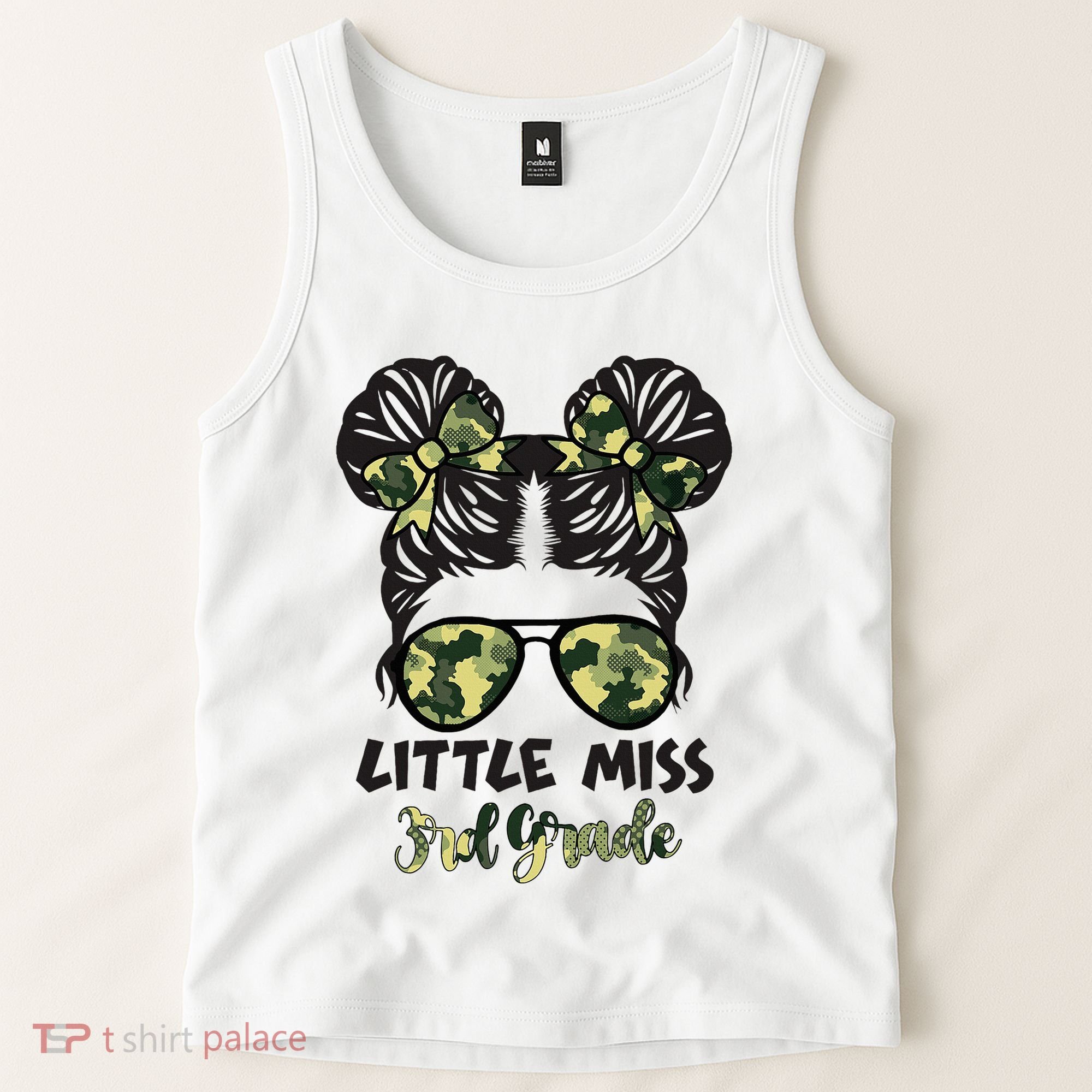 Camo Little Miss 3rd Third Grade Messy Bun Hair Tie Bow Tank Top