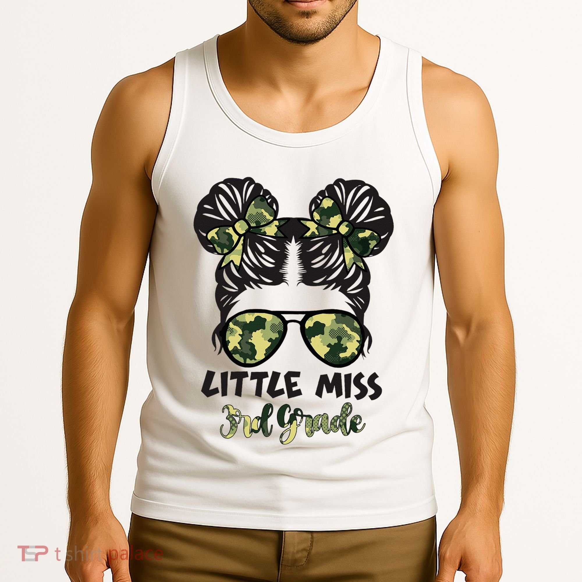 Camo Little Miss 3rd Third Grade Messy Bun Hair Tie Bow Tank Top