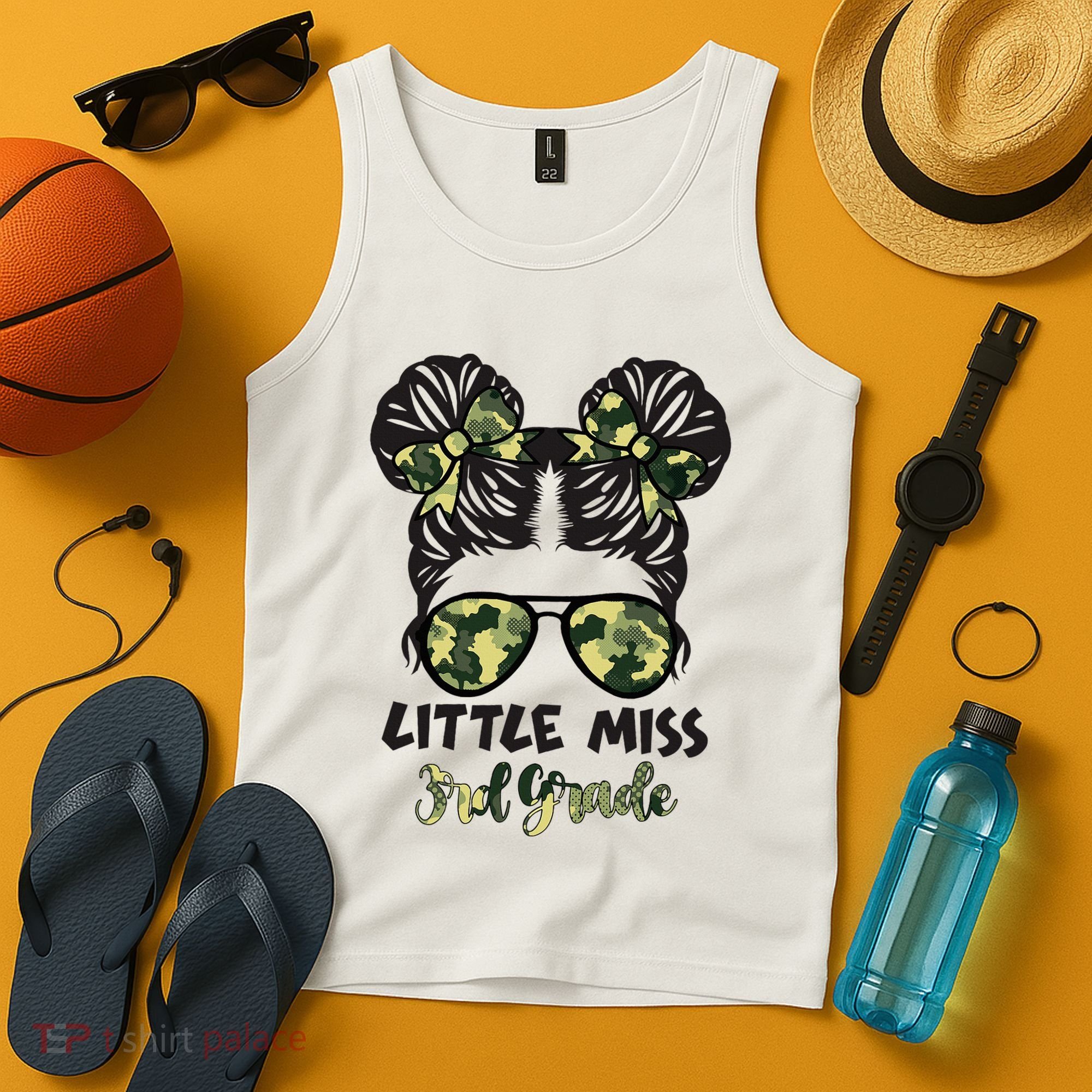 Camo Little Miss 3rd Third Grade Messy Bun Hair Tie Bow Tank Top