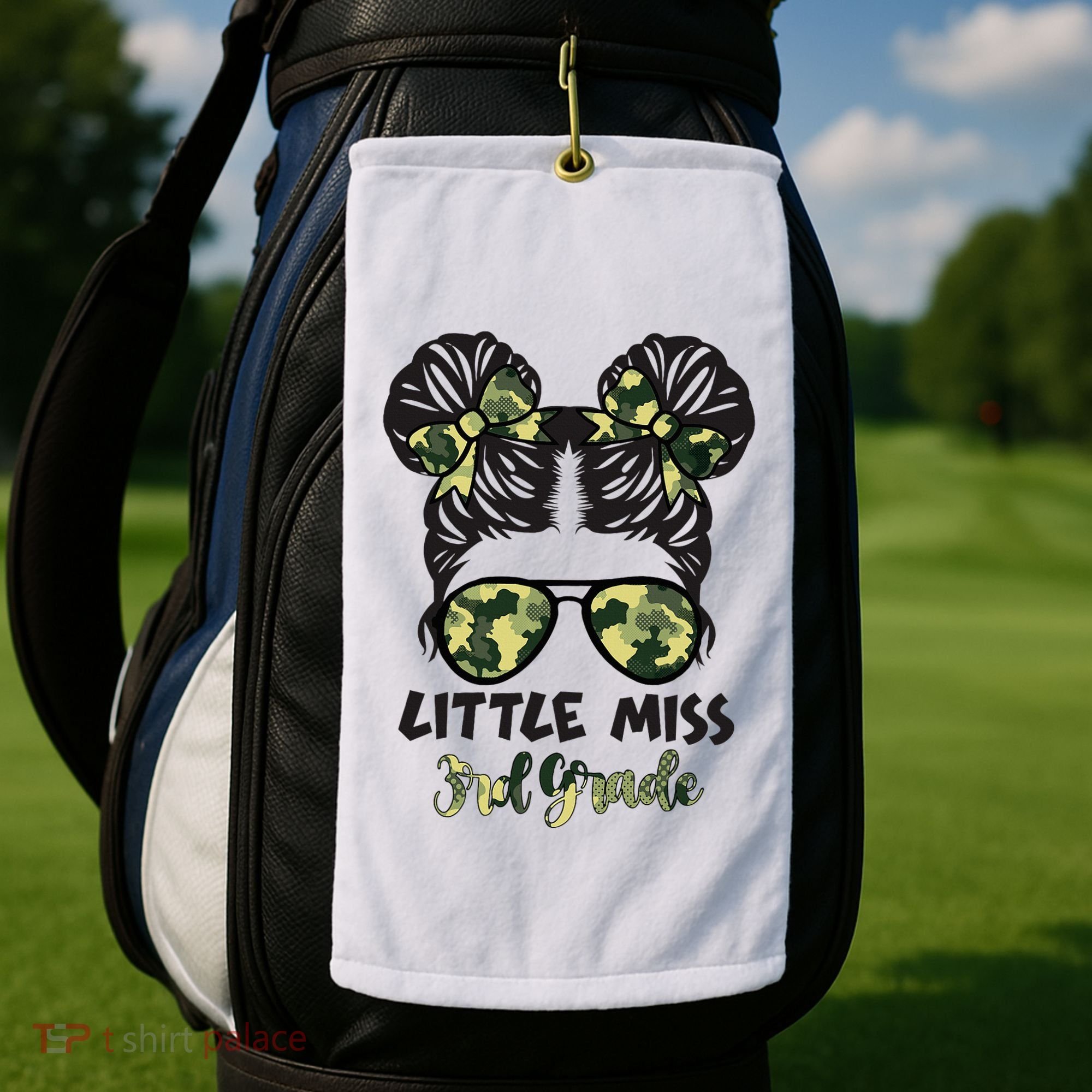 Camo Little Miss 3rd Third Grade Messy Bun Hair Tie Bow Golf Towel