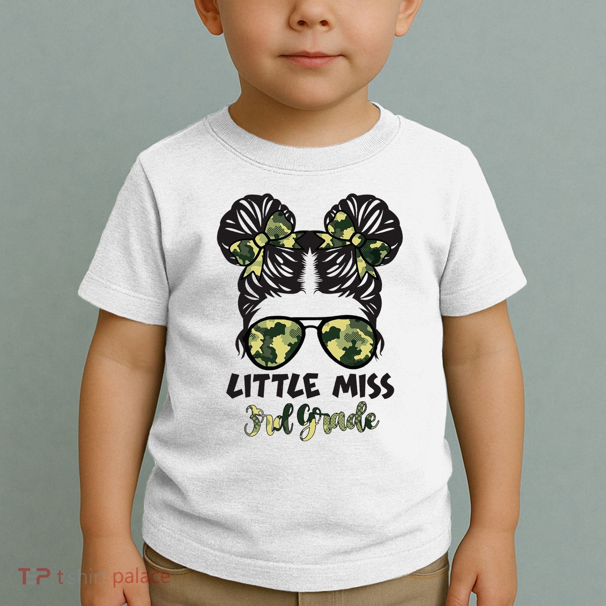 Camo Little Miss 3rd Third Grade Messy Bun Hair Tie Bow Toddler T-Shirt