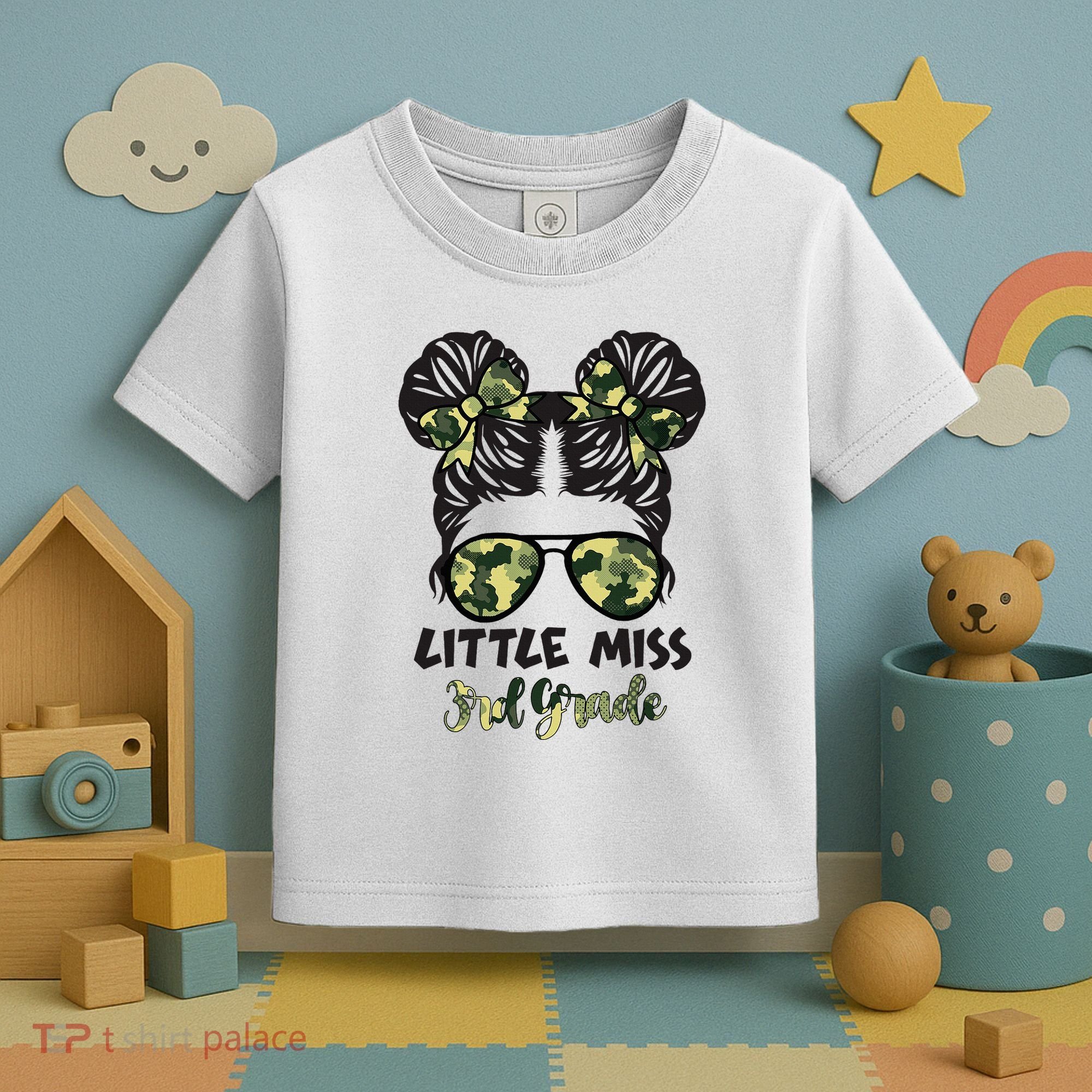 Camo Little Miss 3rd Third Grade Messy Bun Hair Tie Bow Toddler T-Shirt