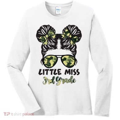 Camo Little Miss 3rd Third Grade Messy Bun Hair Tie Bow Women's Long Sleeve Shirt