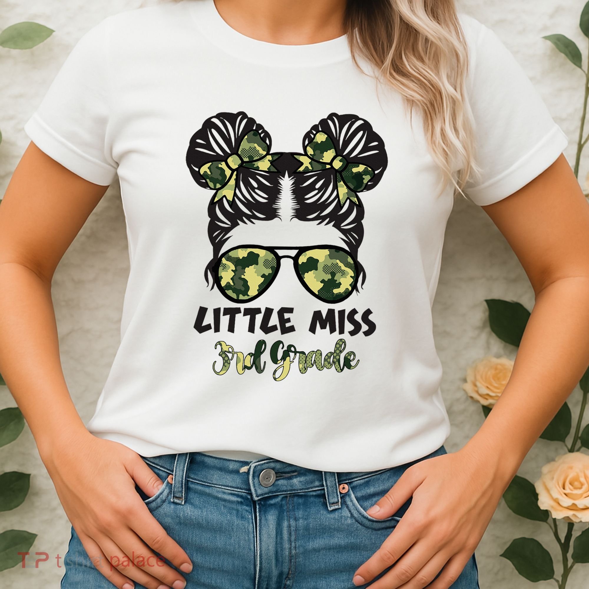 Camo Little Miss 3rd Third Grade Messy Bun Hair Tie Bow Women's T-Shirt