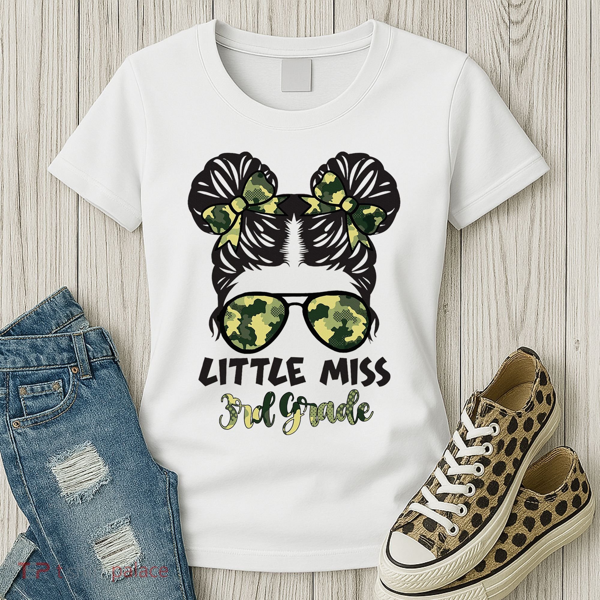 Camo Little Miss 3rd Third Grade Messy Bun Hair Tie Bow Women's T-Shirt