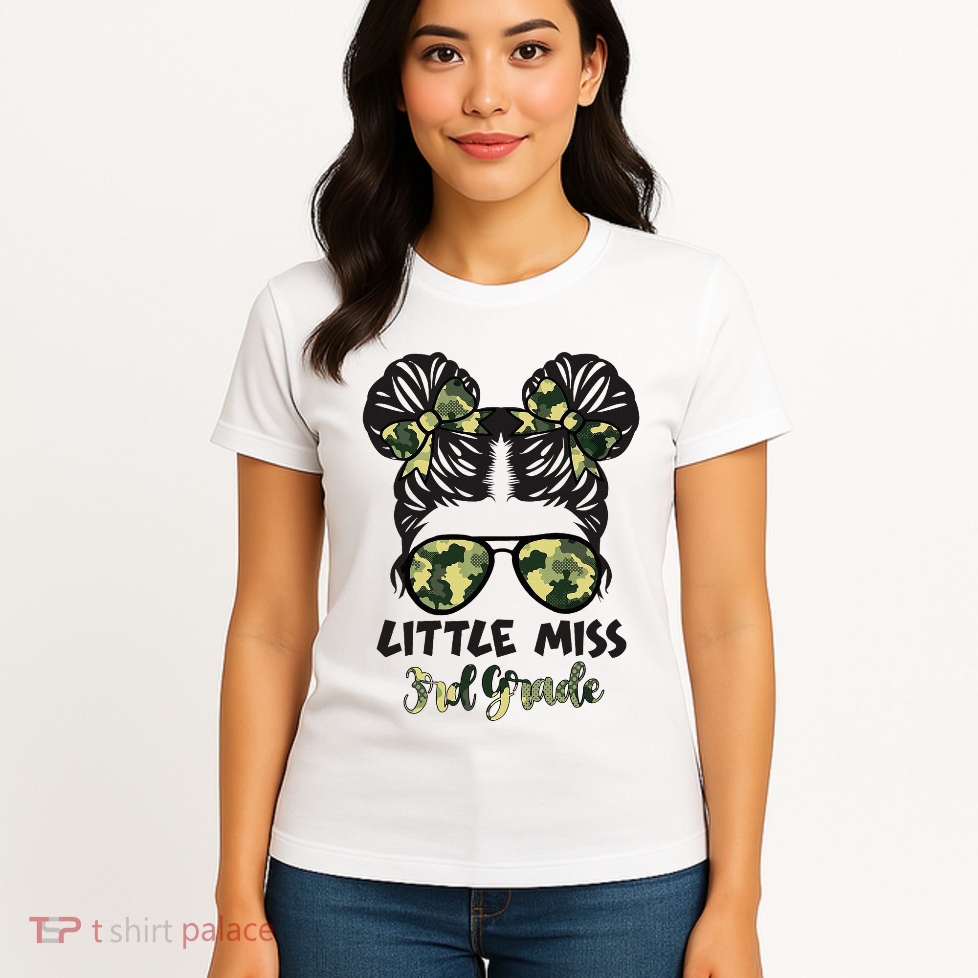 Camo Little Miss 3rd Third Grade Messy Bun Hair Tie Bow Women's T-Shirt