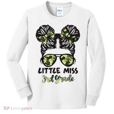 Camo Little Miss 3rd Third Grade Messy Bun Hair Tie Bow Kids Long Sleeve Shirt