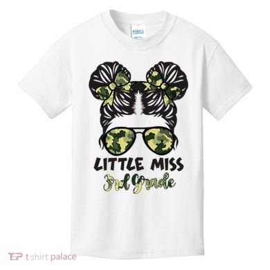 Camo Little Miss 3rd Third Grade Messy Bun Hair Tie Bow Kids T-Shirt