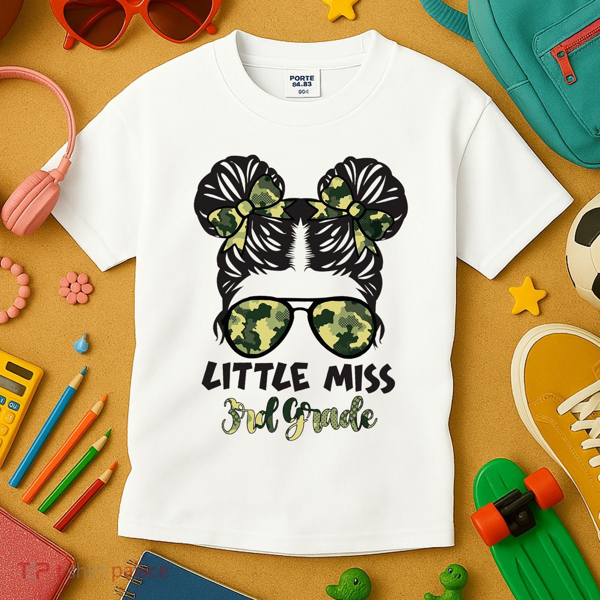 Camo Little Miss 3rd Third Grade Messy Bun Hair Tie Bow Kids T-Shirt