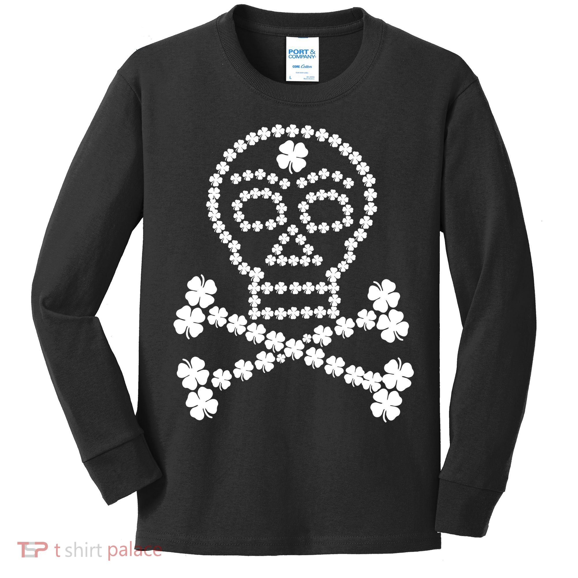 Clover Skull Crossbones St. Patricks Day Kids Long Sleeve Shirt