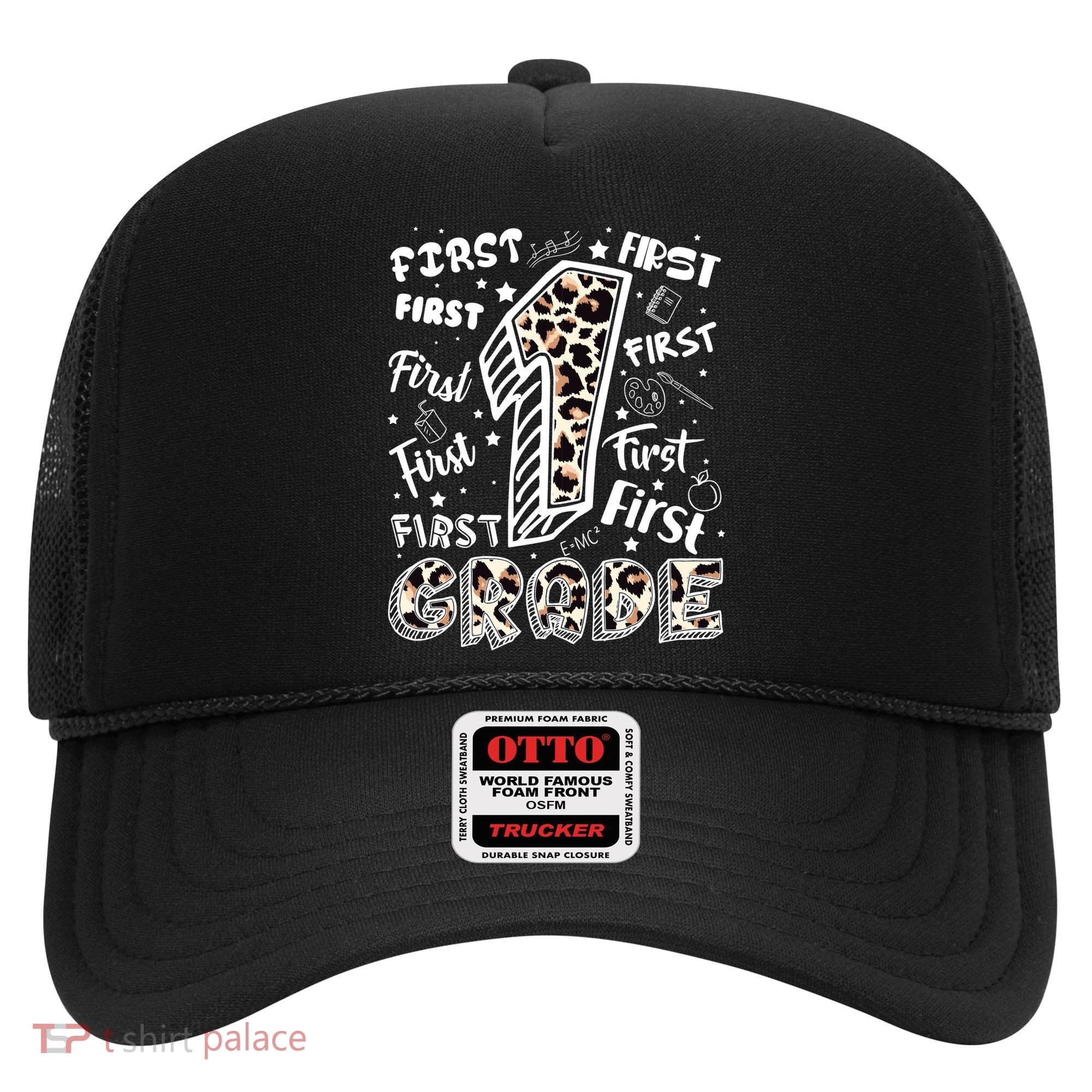 Cute Leopard Print First Grade Typography Word Art Hat