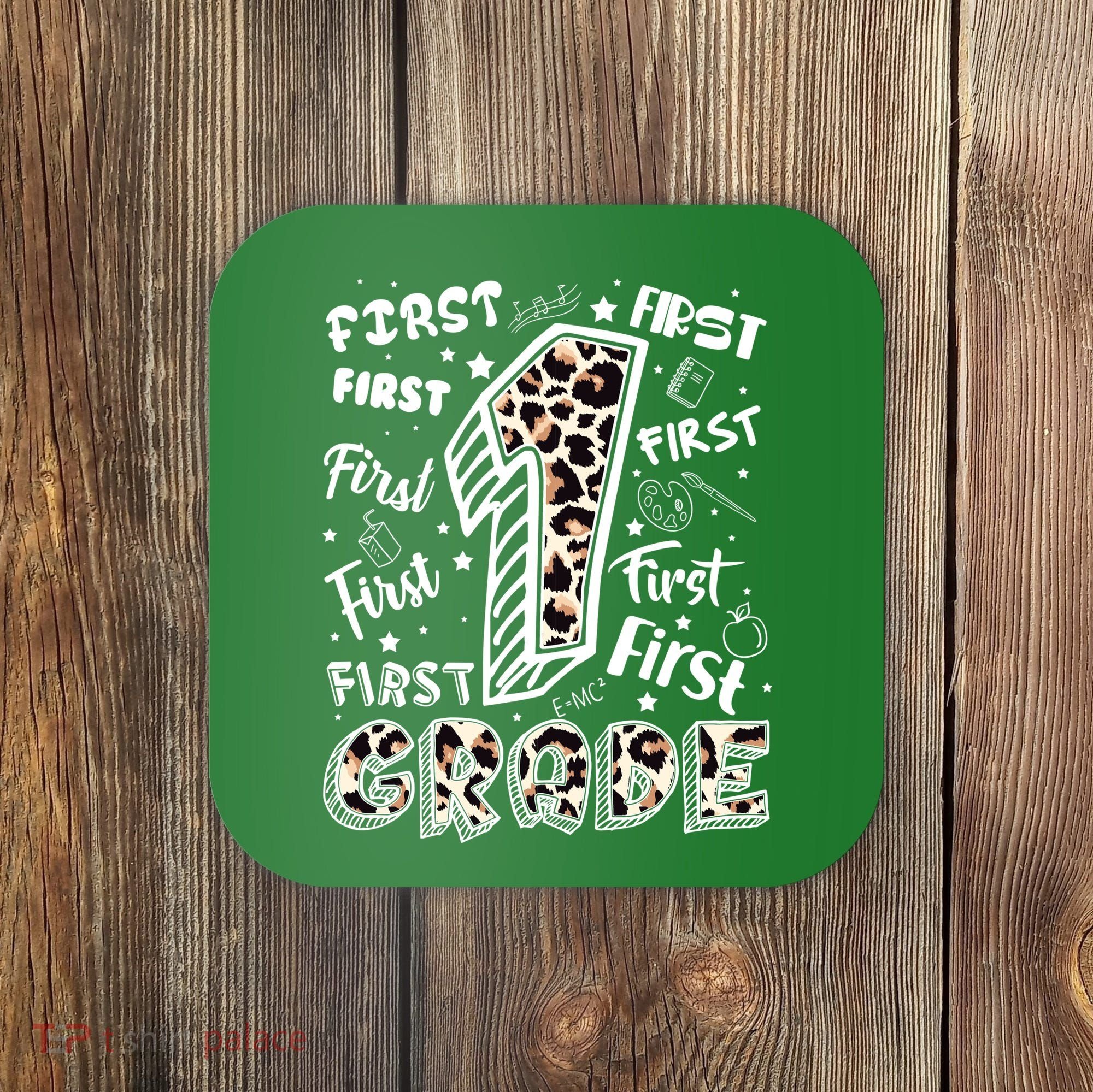 Cute Leopard Print First Grade Typography Word Art Coaster