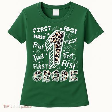 Cute Leopard Print First Grade Typography Word Art Women's T-Shirt