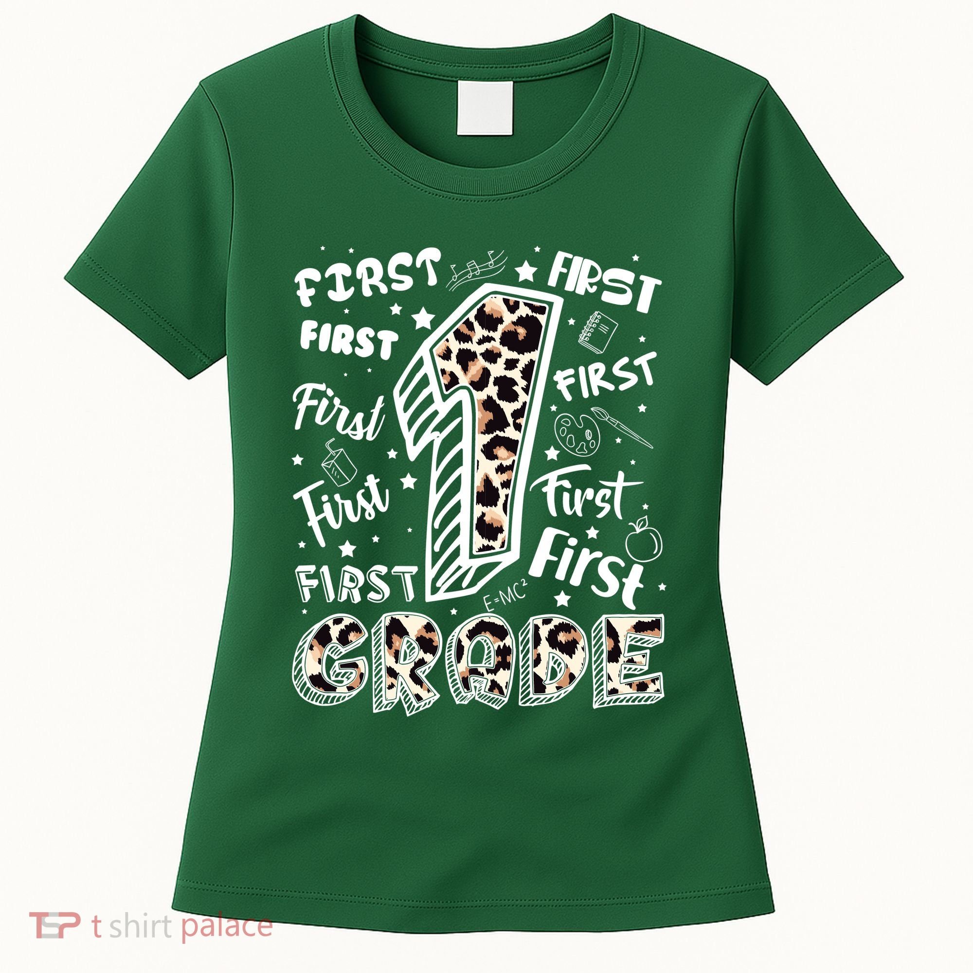 Cute Leopard Print First Grade Typography Word Art Women's T-Shirt
