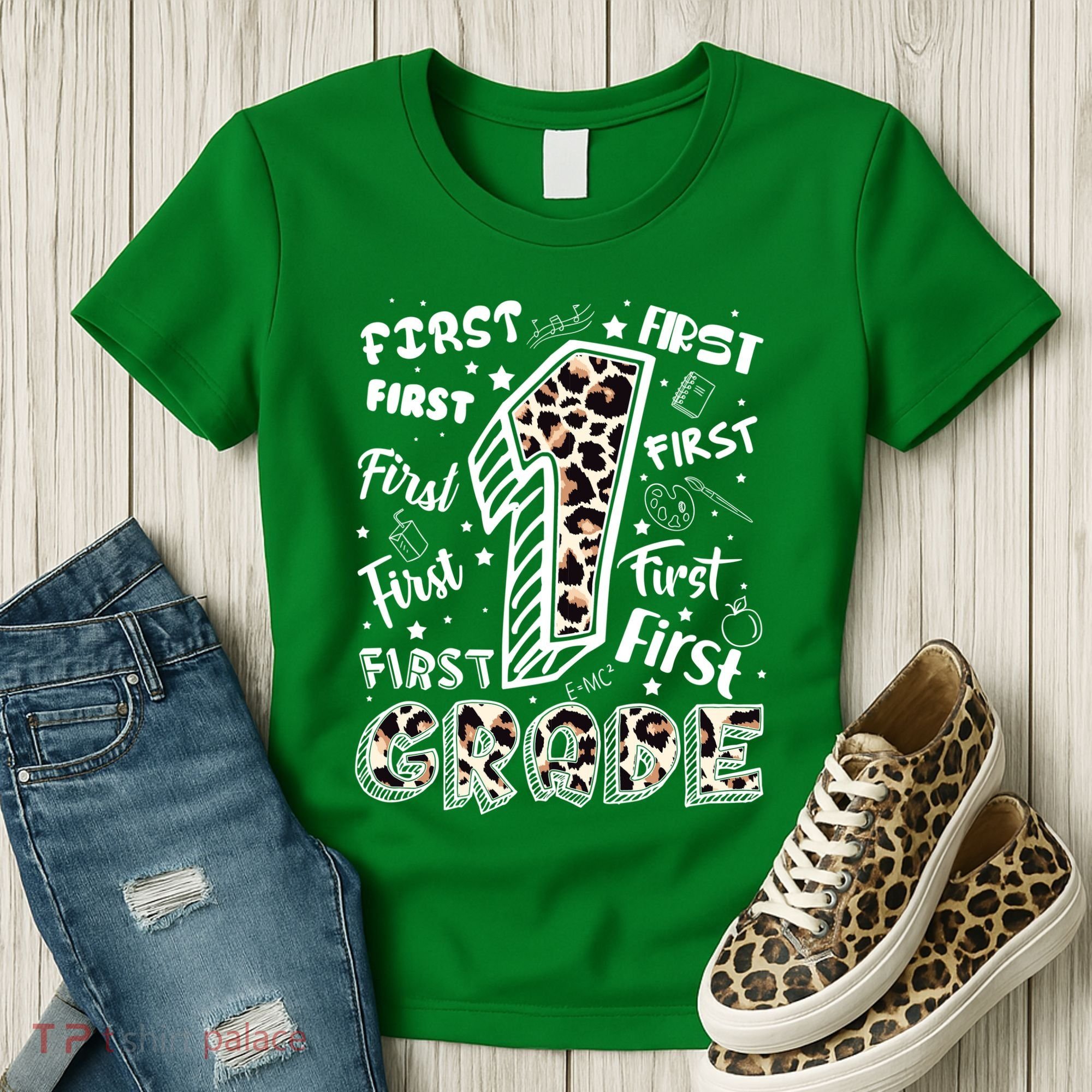 Cute Leopard Print First Grade Typography Word Art Women's T-Shirt