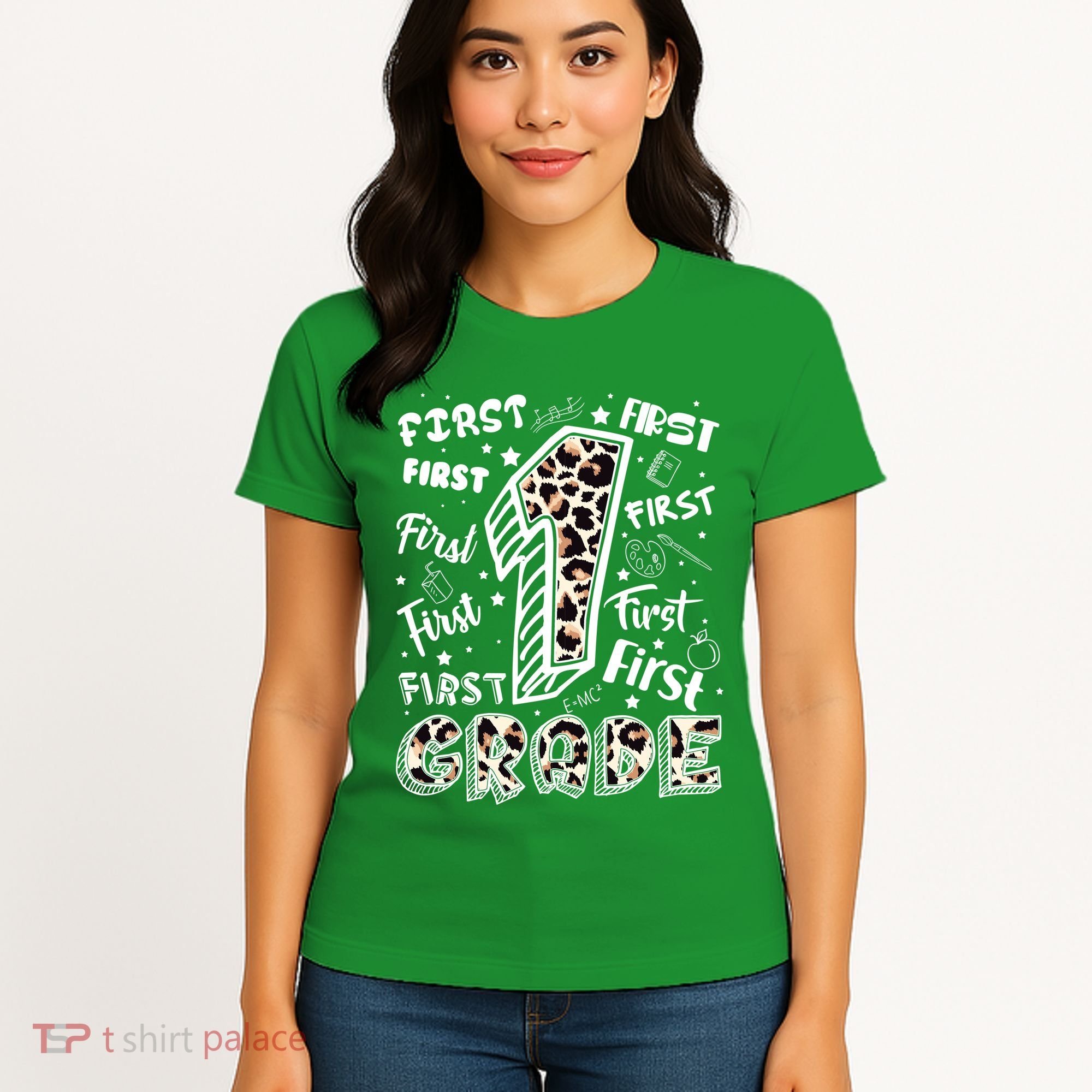 Cute Leopard Print First Grade Typography Word Art Women's T-Shirt