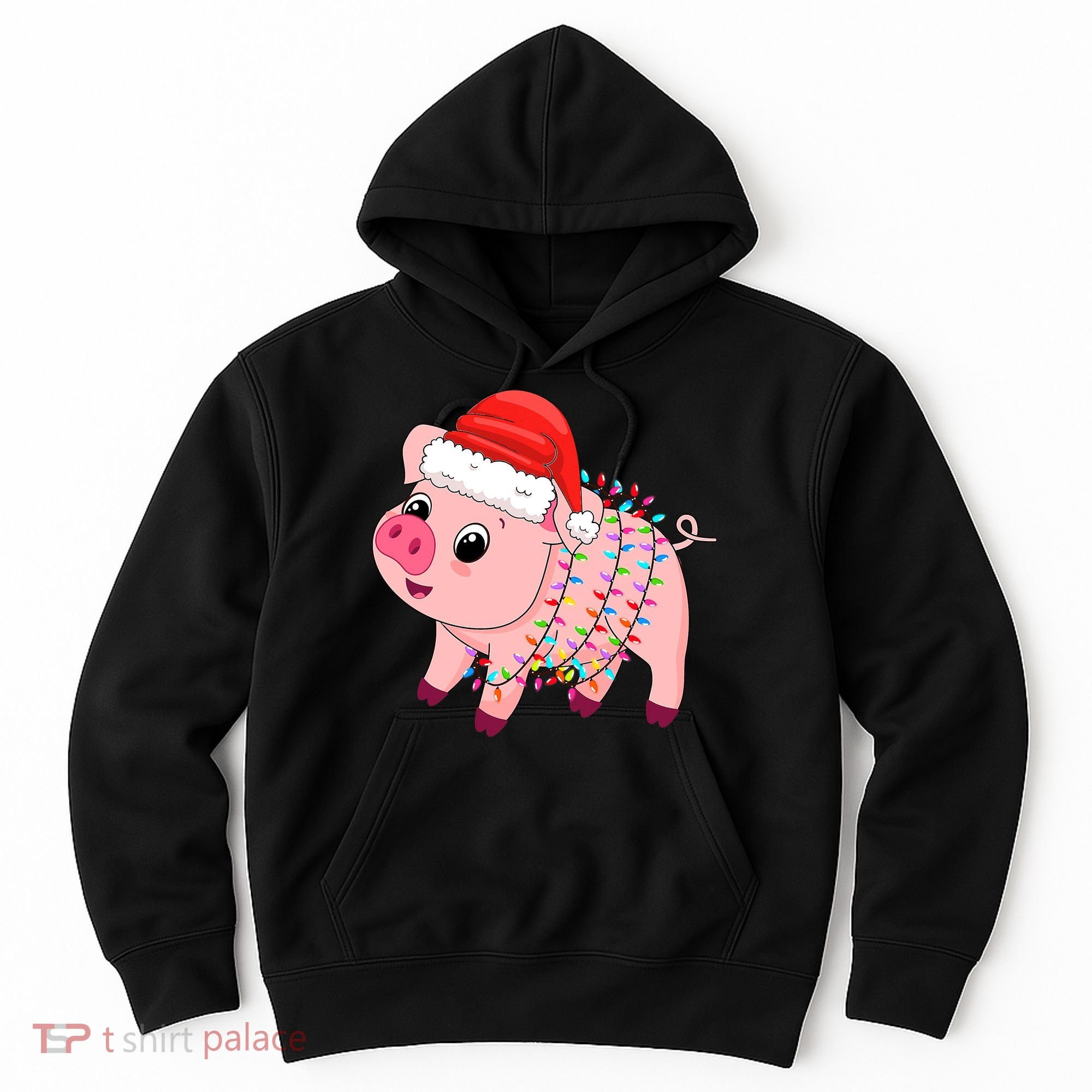 Christmas Lights Pig Wearing Xmas Hat - Pig Lover Farmer Hoodie