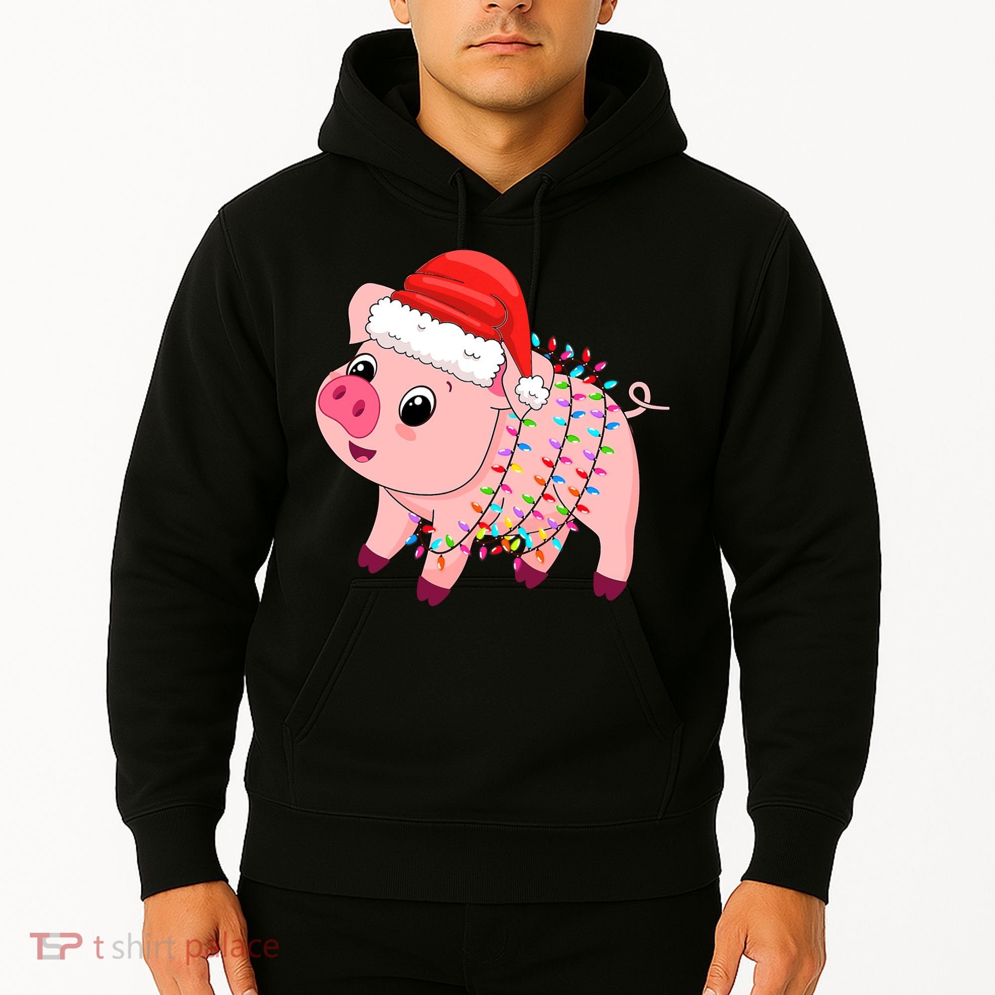 Christmas Lights Pig Wearing Xmas Hat - Pig Lover Farmer Hoodie