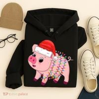 Christmas Lights Pig Wearing Xmas Hat - Pig Lover Farmer Hoodie thumb 4