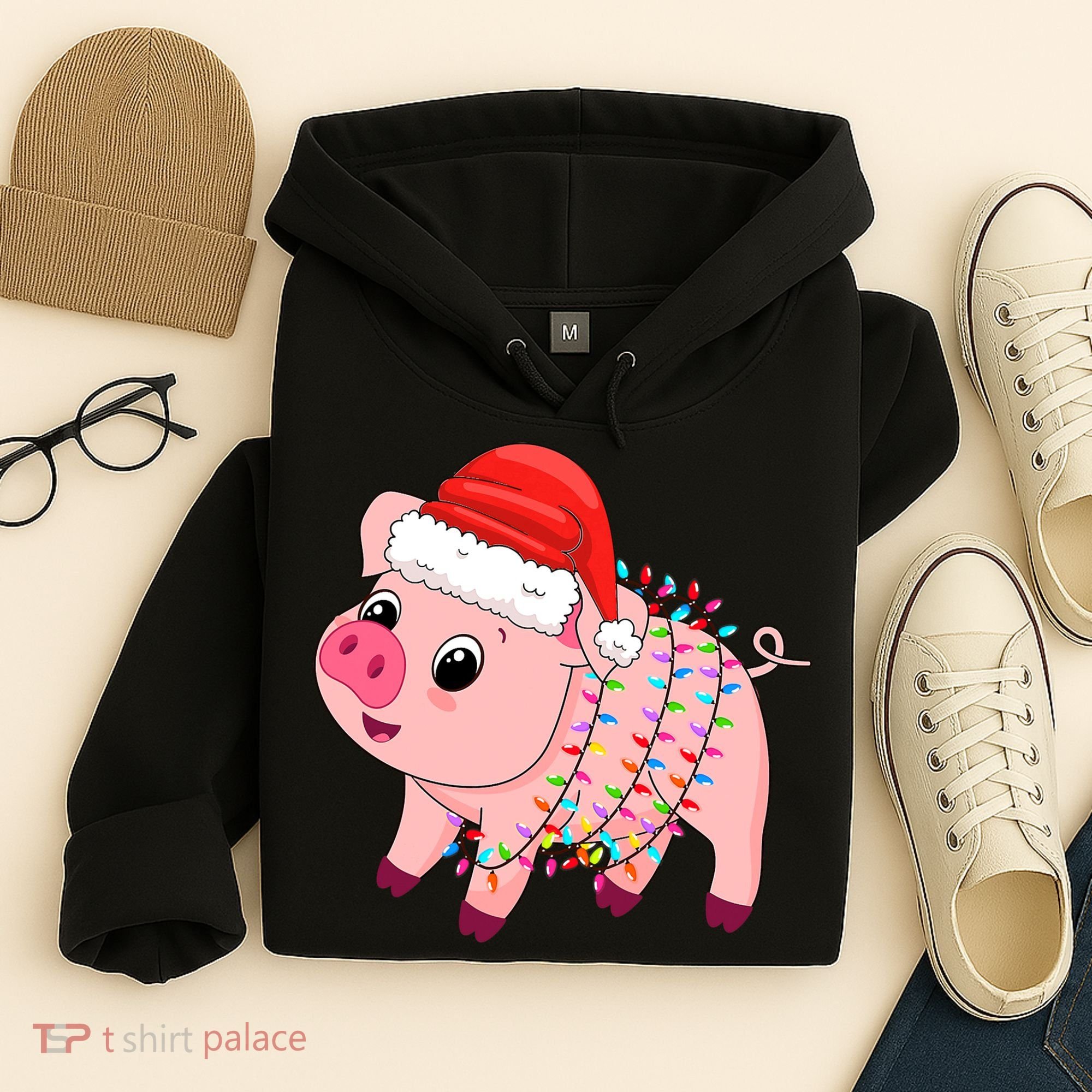 Christmas Lights Pig Wearing Xmas Hat - Pig Lover Farmer Hoodie