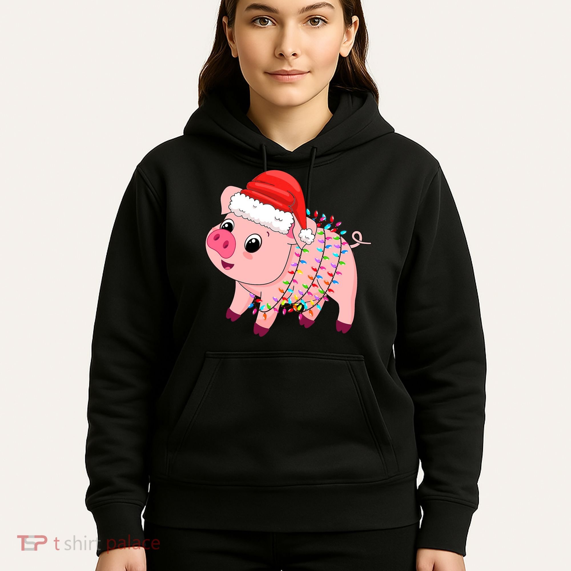 Christmas Lights Pig Wearing Xmas Hat - Pig Lover Farmer Hoodie