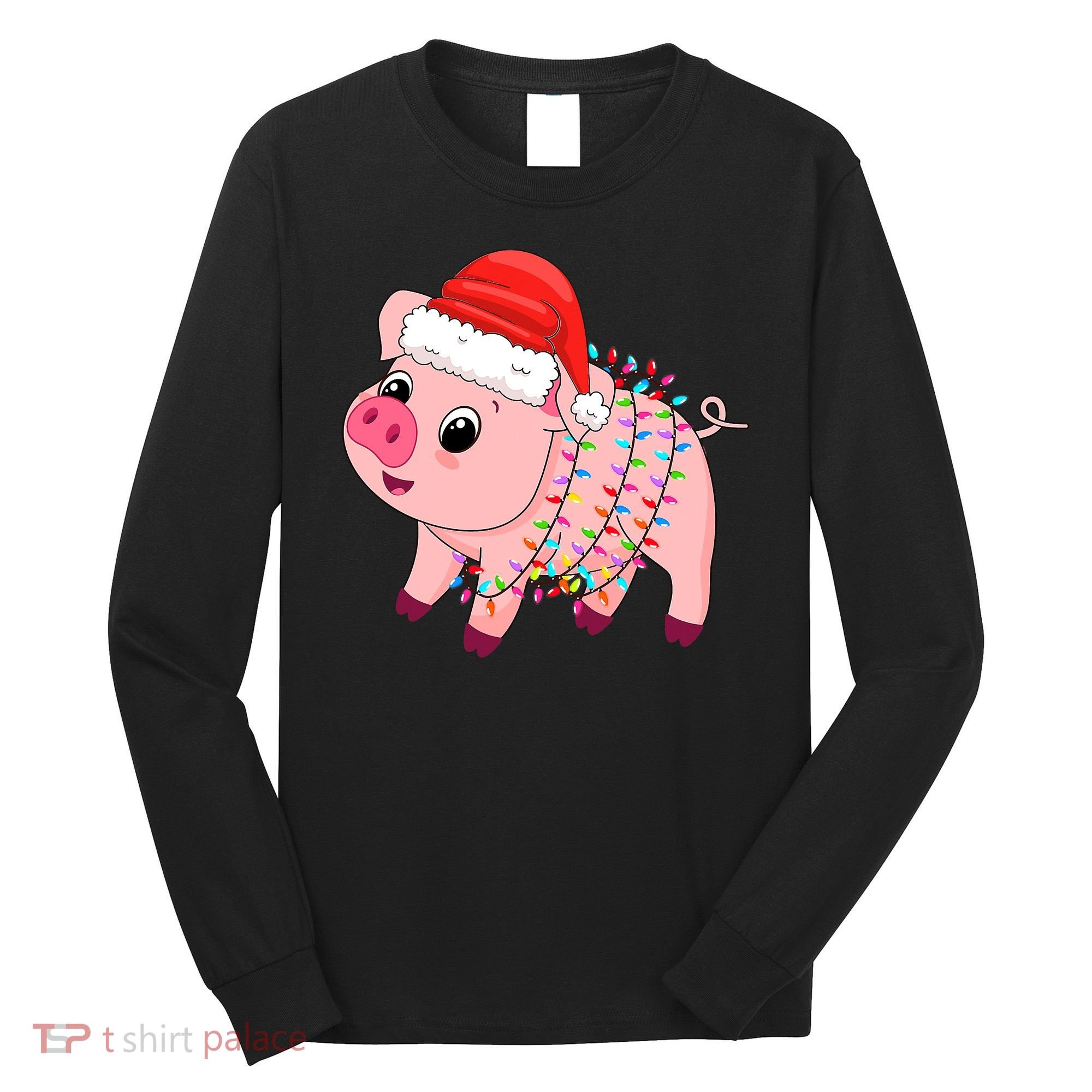 Christmas Lights Pig Wearing Xmas Hat - Pig Lover Farmer Long Sleeve Shirt