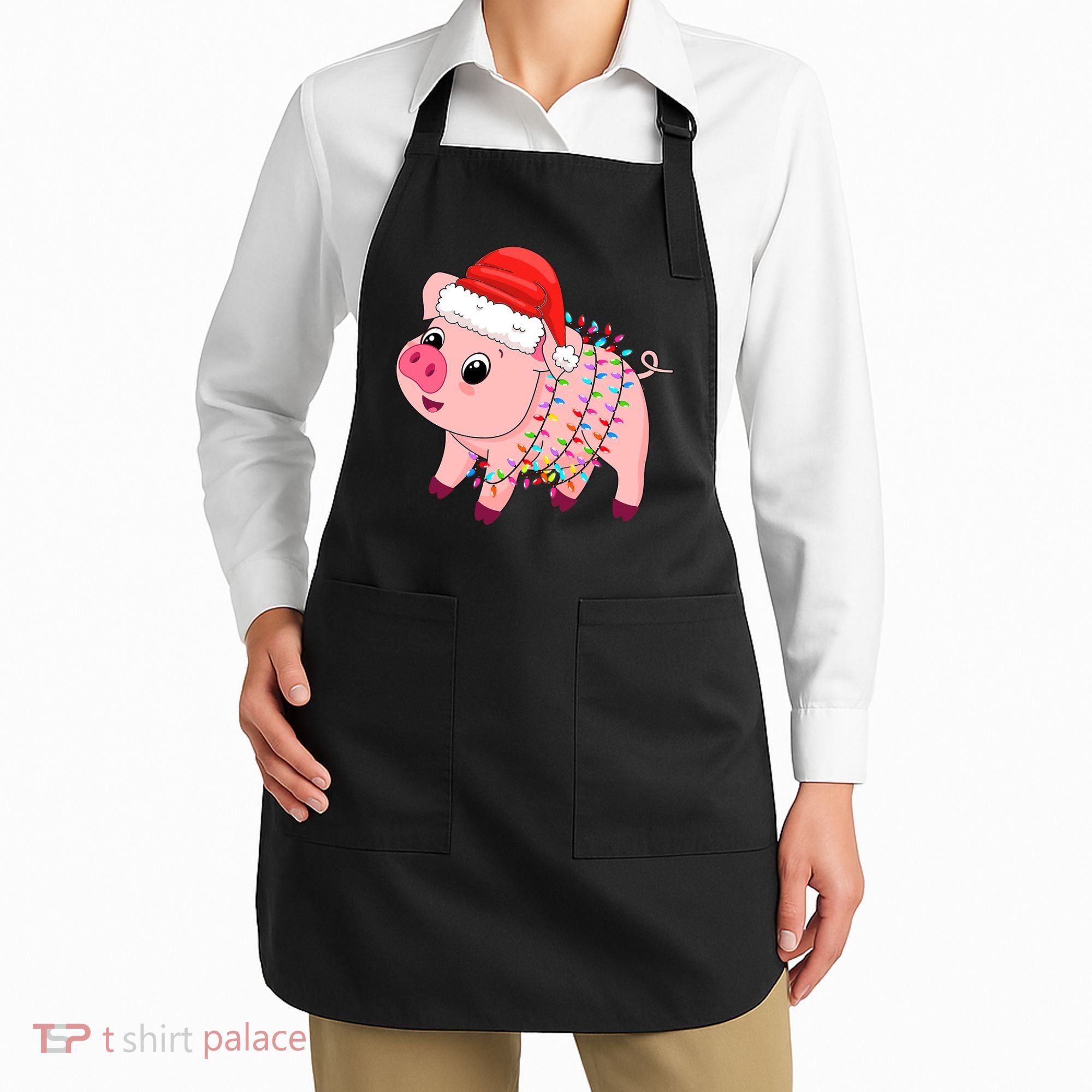 Christmas Lights Pig Wearing Xmas Hat - Pig Lover Farmer Apron