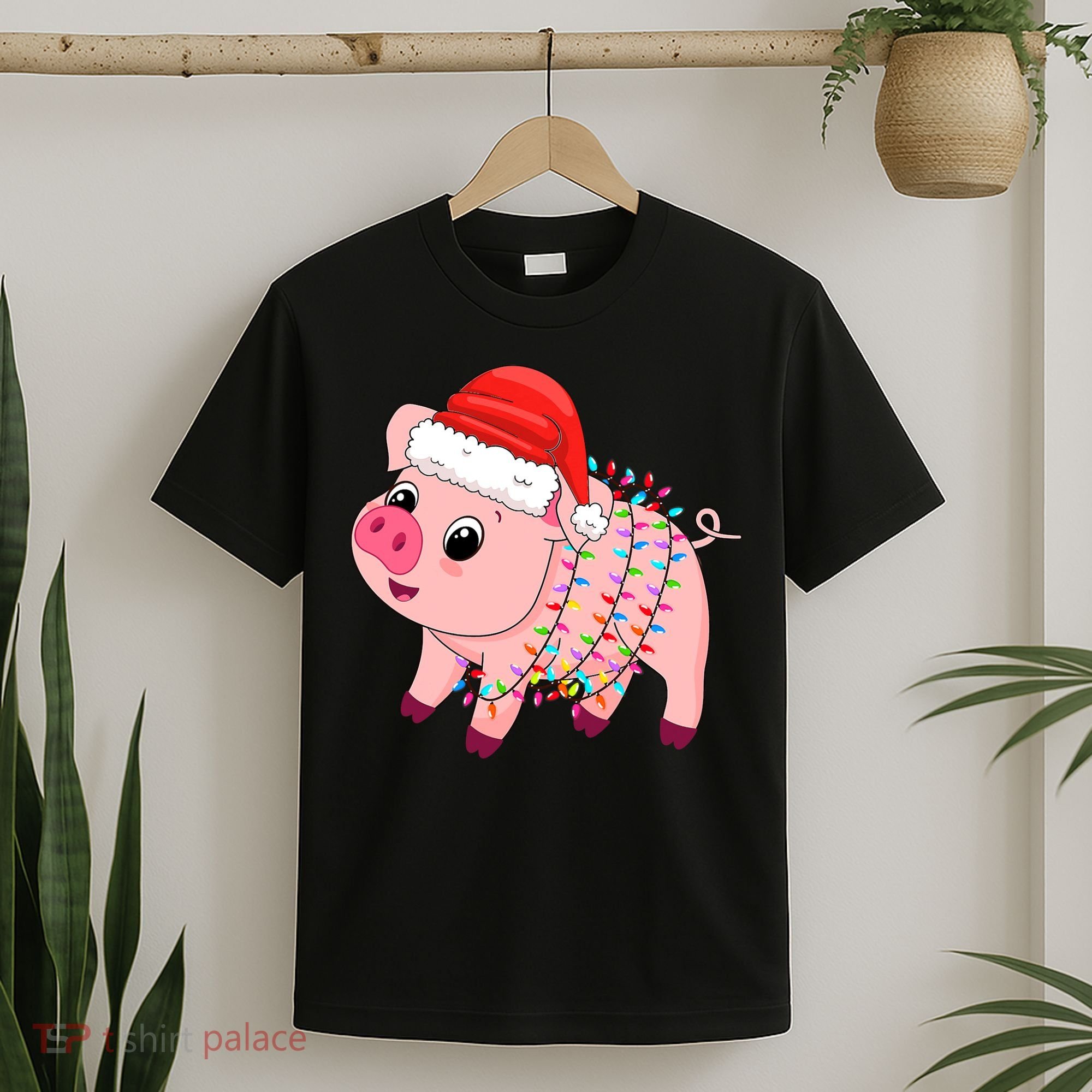 Christmas Lights Pig Wearing Xmas Hat - Pig Lover Farmer T-Shirt