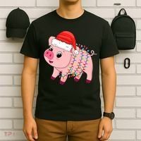 Christmas Lights Pig Wearing Xmas Hat - Pig Lover Farmer T-Shirt thumb 6