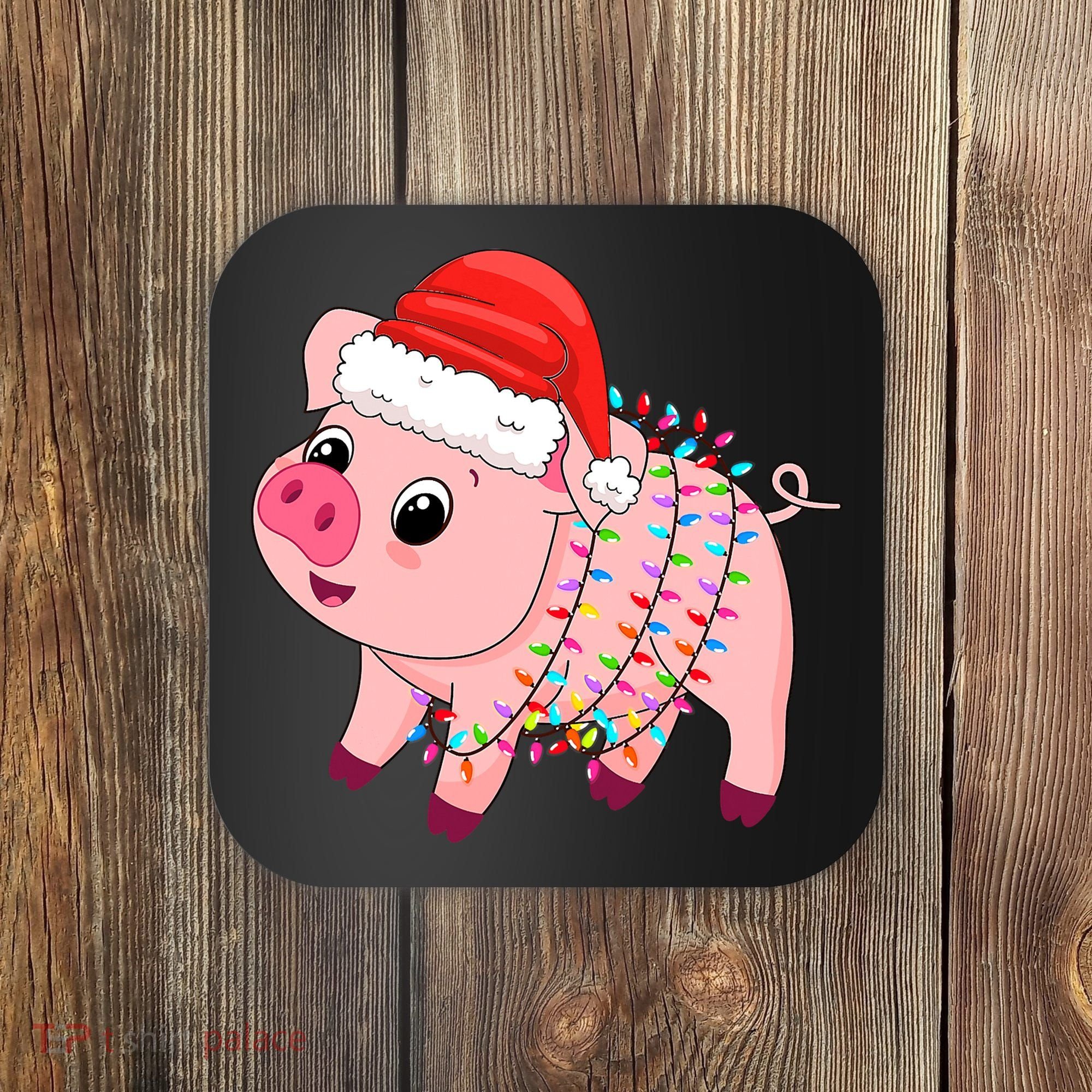 Christmas Lights Pig Wearing Xmas Hat - Pig Lover Farmer Coaster