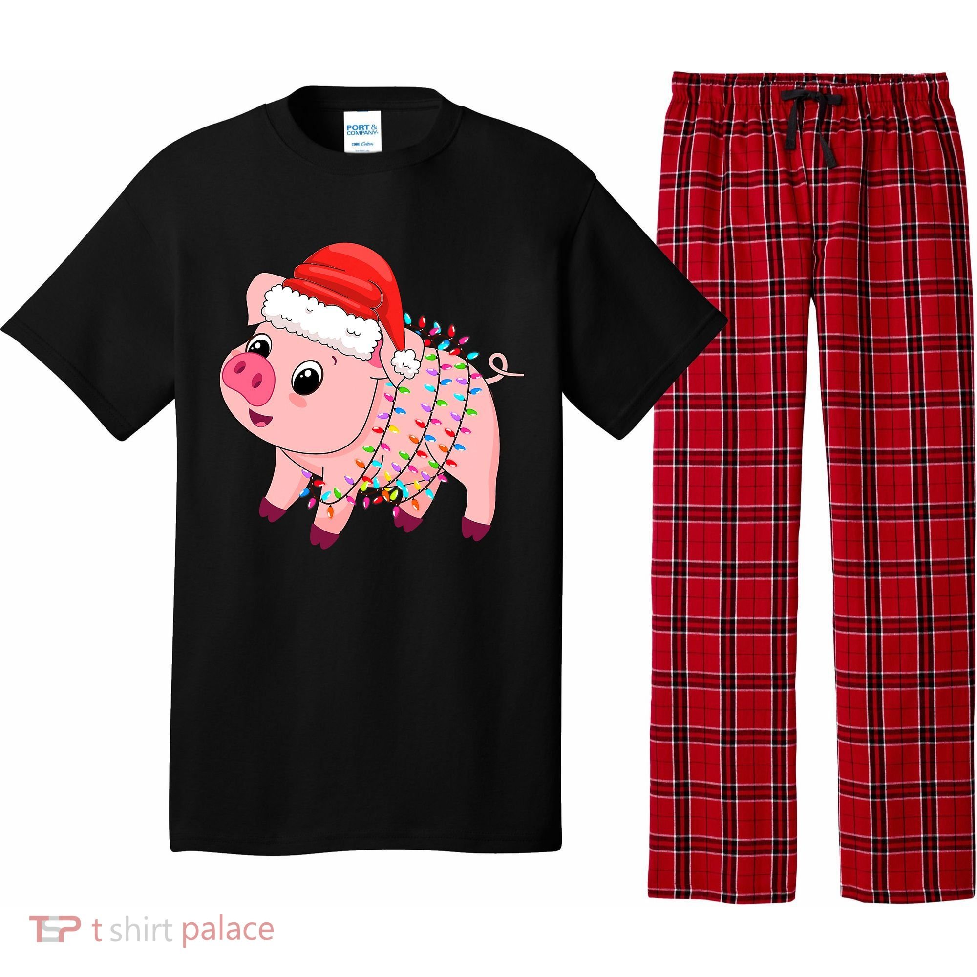 Christmas Lights Pig Wearing Xmas Hat - Pig Lover Farmer Pajama Set