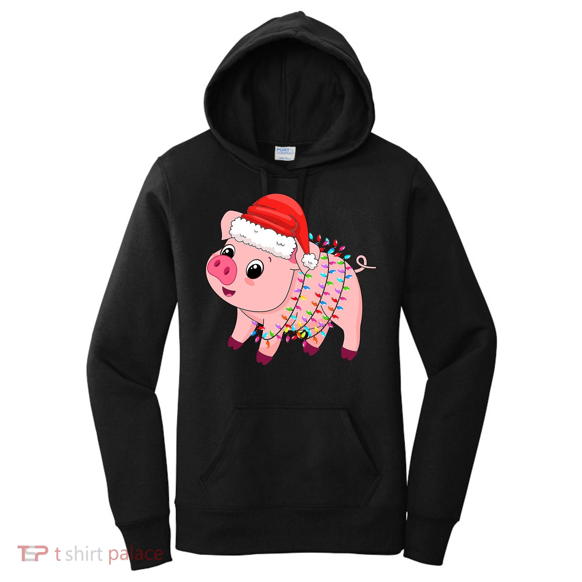 Christmas Lights Pig Wearing Xmas Hat - Pig Lover Farmer Women's Hoodie