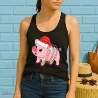 Christmas Lights Pig Wearing Xmas Hat - Pig Lover Farmer Women's Tank Top thumb 2