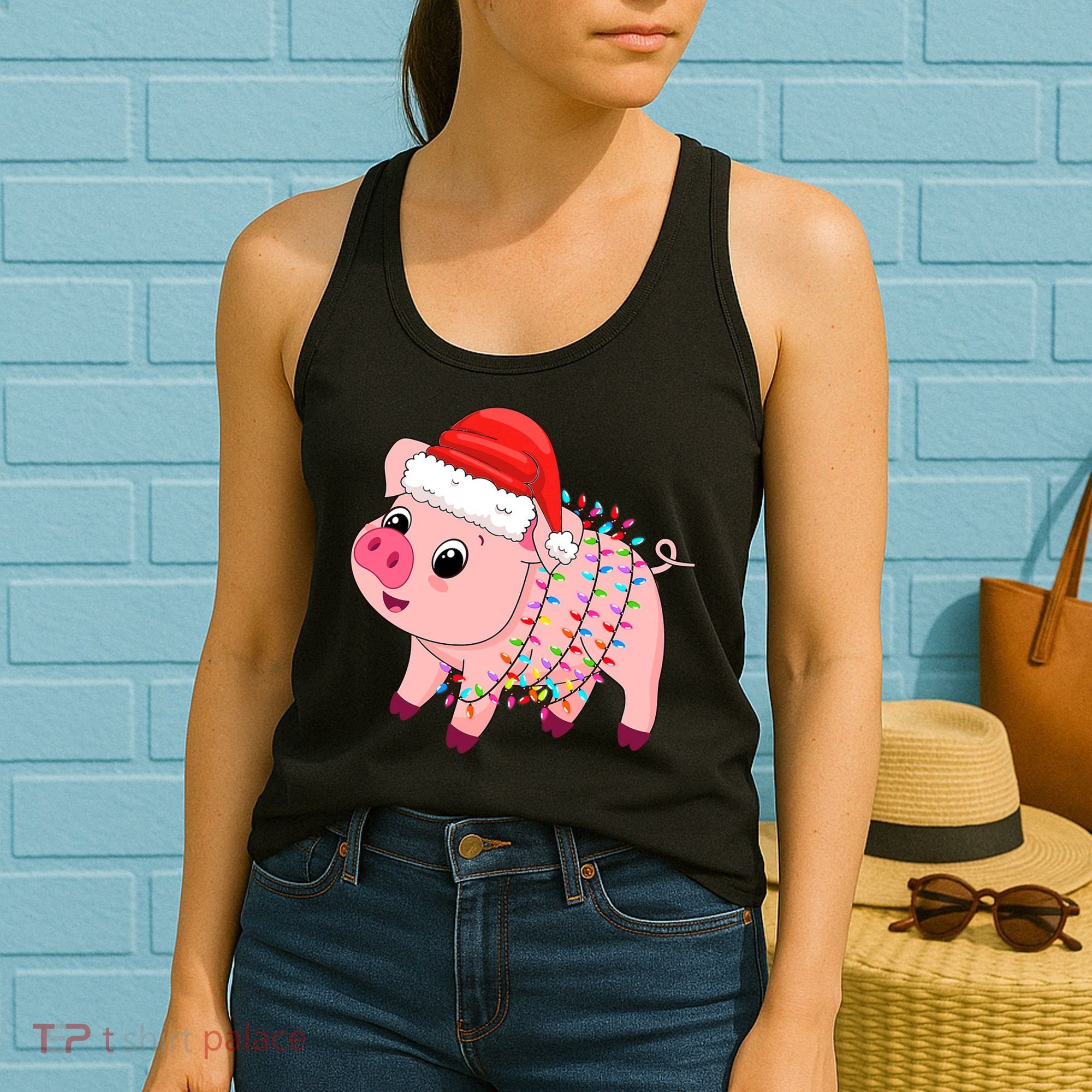 Christmas Lights Pig Wearing Xmas Hat - Pig Lover Farmer Women's Tank Top