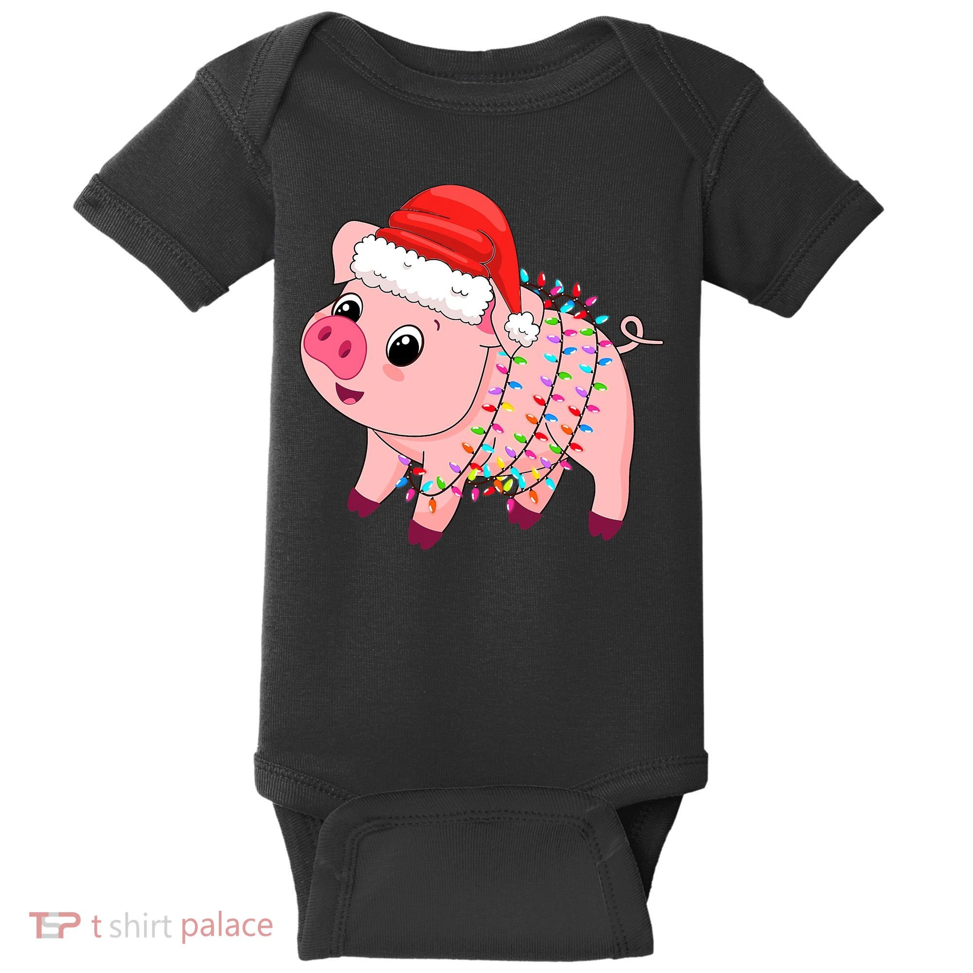 Christmas Lights Pig Wearing Xmas Hat - Pig Lover Farmer Baby Bodysuit