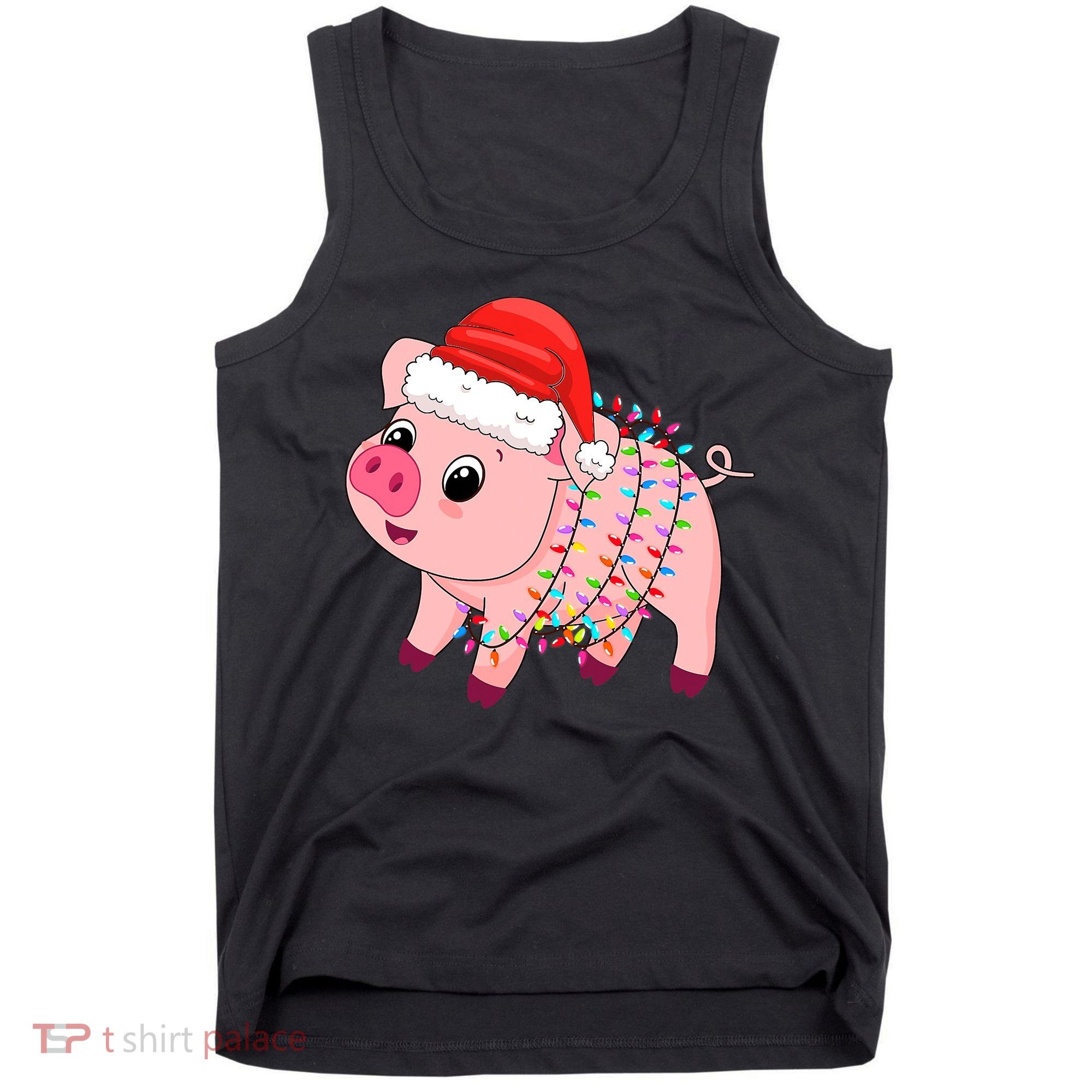 Christmas Lights Pig Wearing Xmas Hat - Pig Lover Farmer Tank Top